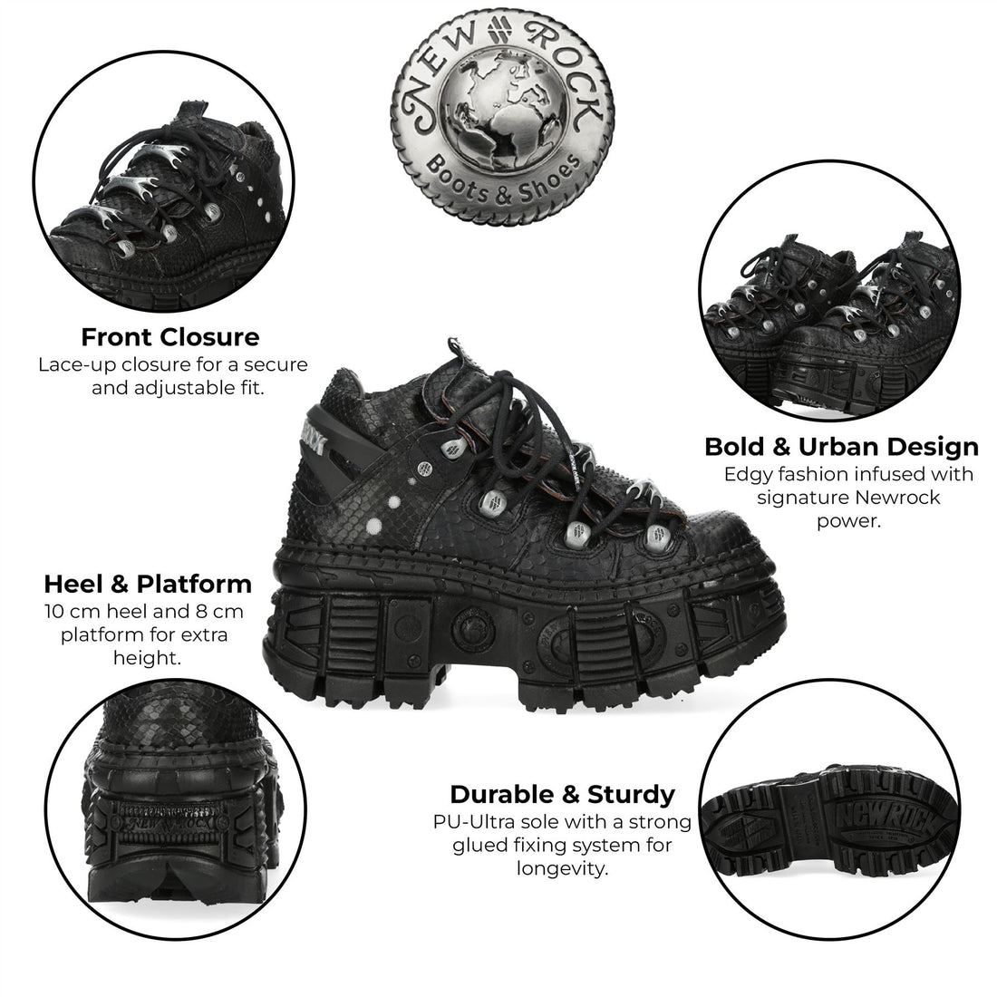 New Rock M-106WALL-C65 Python Black Leather Platform Ankle Boots