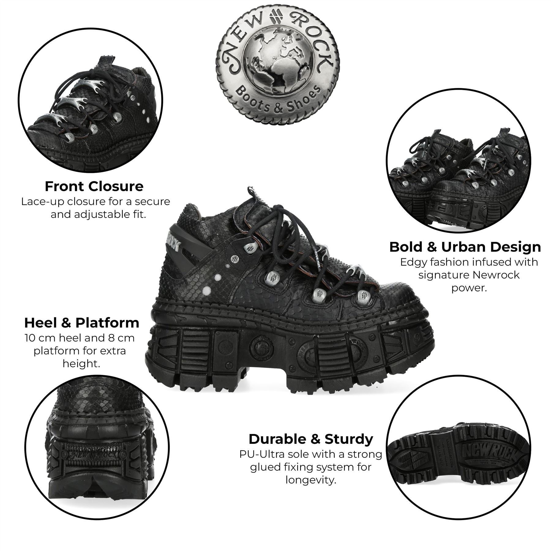 New Rock M-106WALL-C65 Python Black Leather Platform Ankle Boots