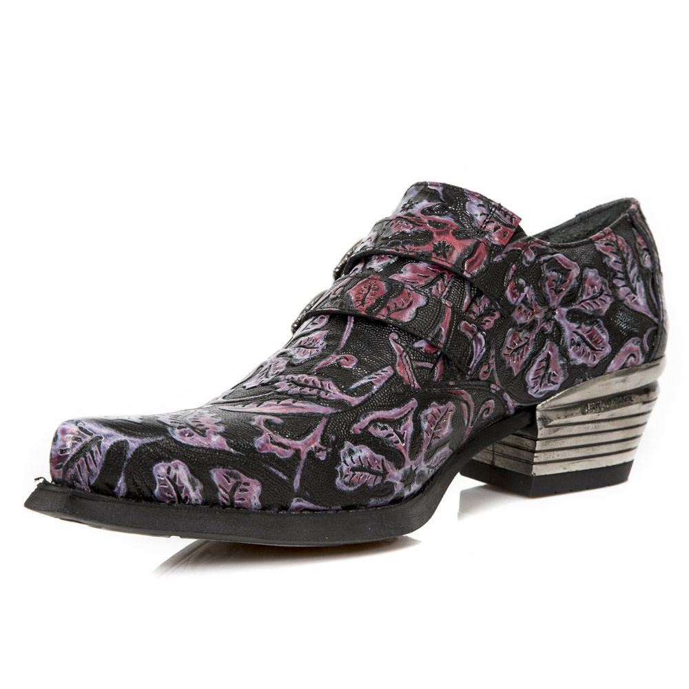 New Rock Vintage Purple Floral Leather Buckle Shoes-7960-S8
