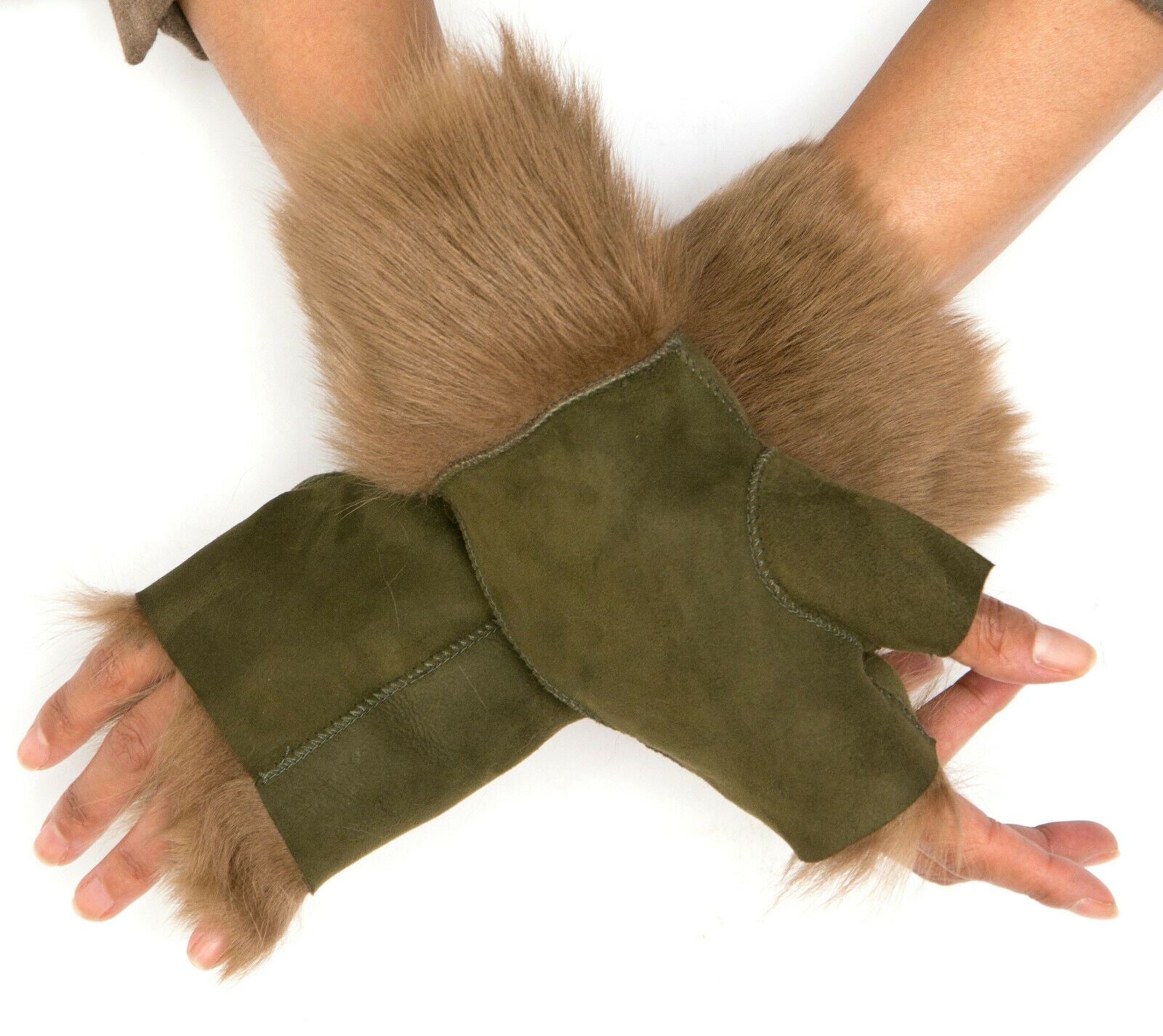 Womens Shearling Mittens Fingerless Cuffs Toscana Suede Sheepskin Fur