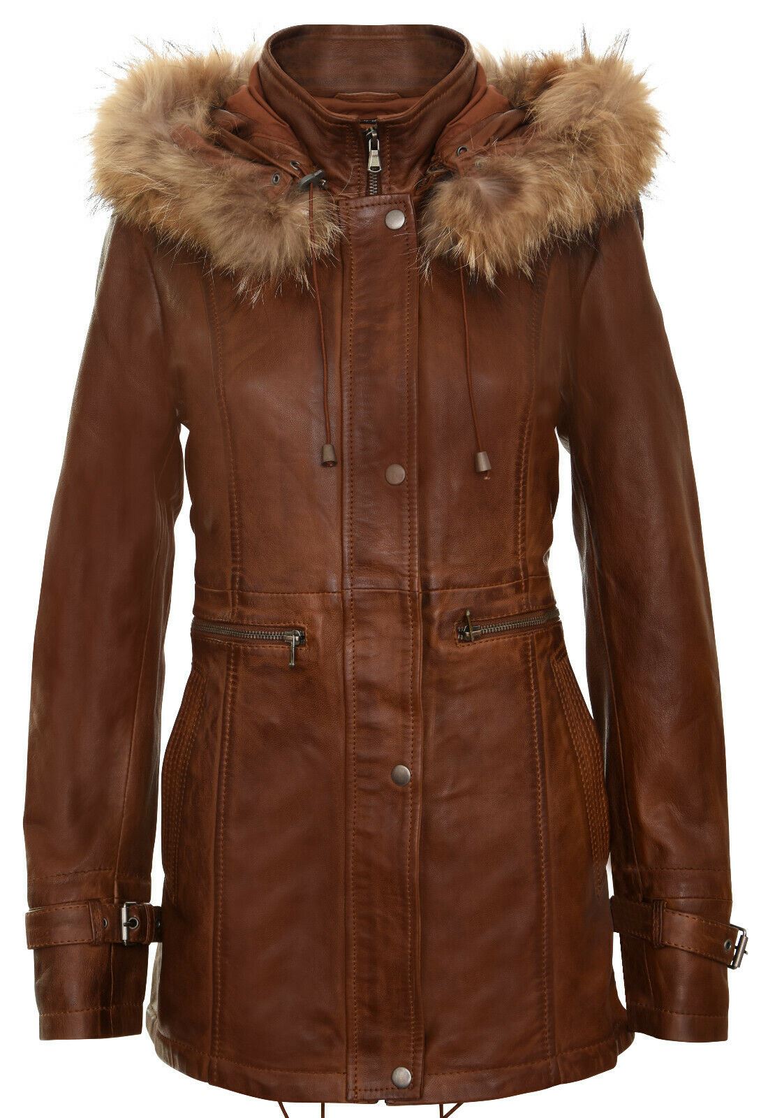 Womens Warm Leather Hooded Parka Jacket-Northwich