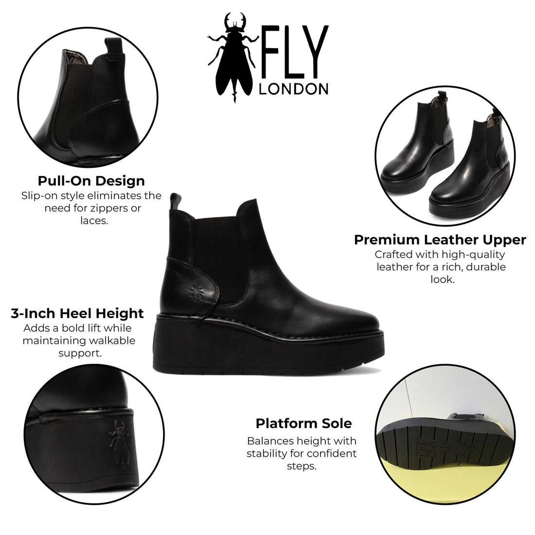 Fly London Womens Black HELY268 Chelsea Leather Ankle Pull-On Platform Comfort Boots