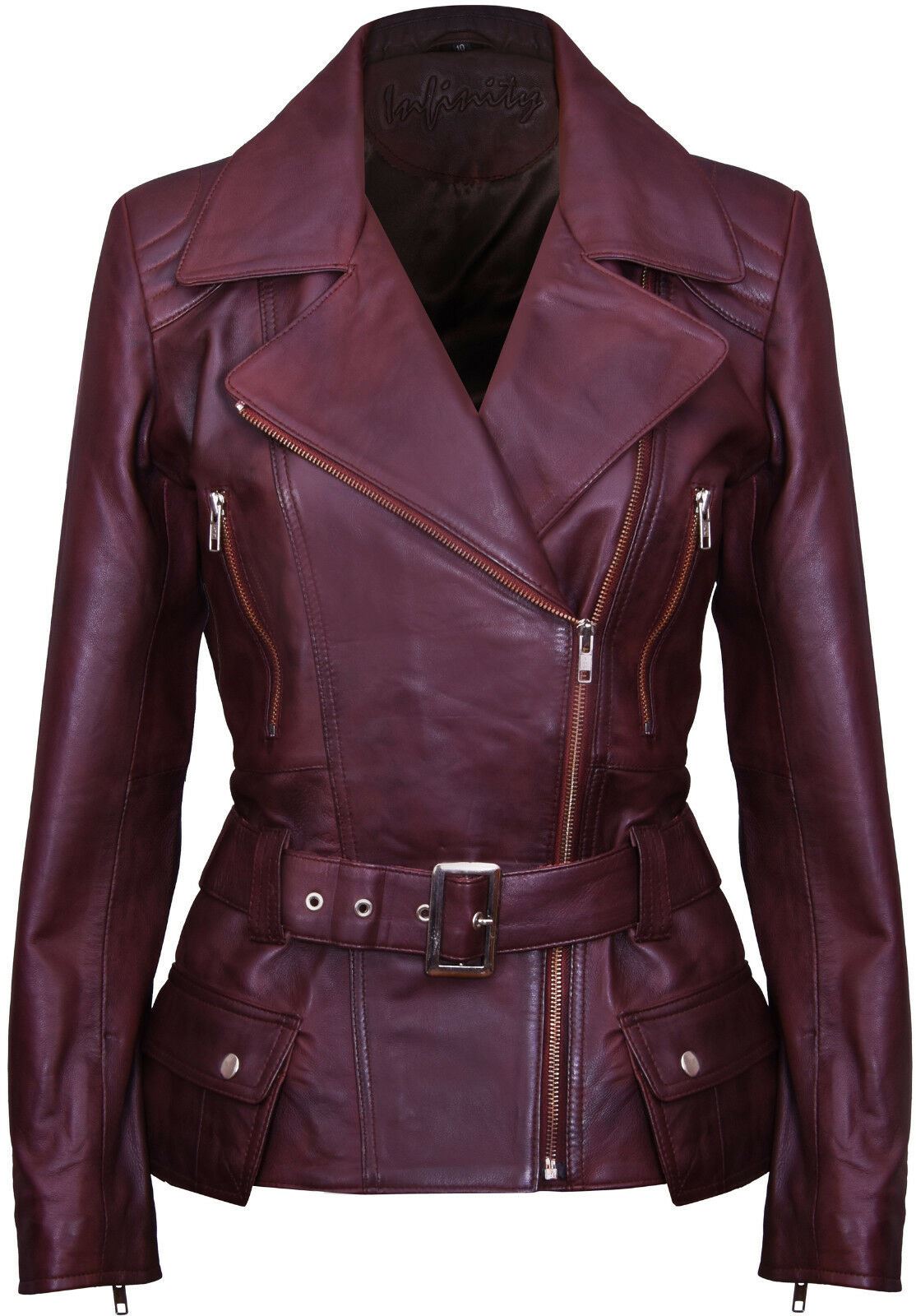 Womens Mid-length Leather Biker Jacket-Middlewich - Upperclass Fashions 