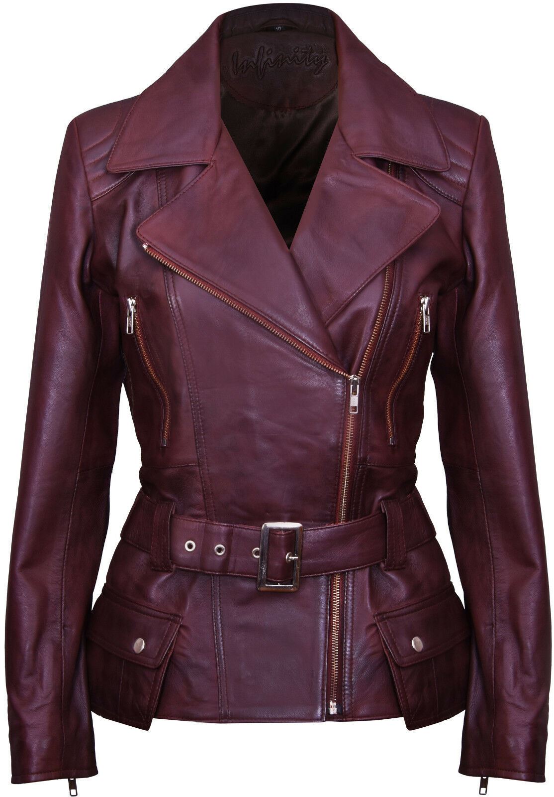 Womens Mid-length Leather Biker Jacket-Middlewich