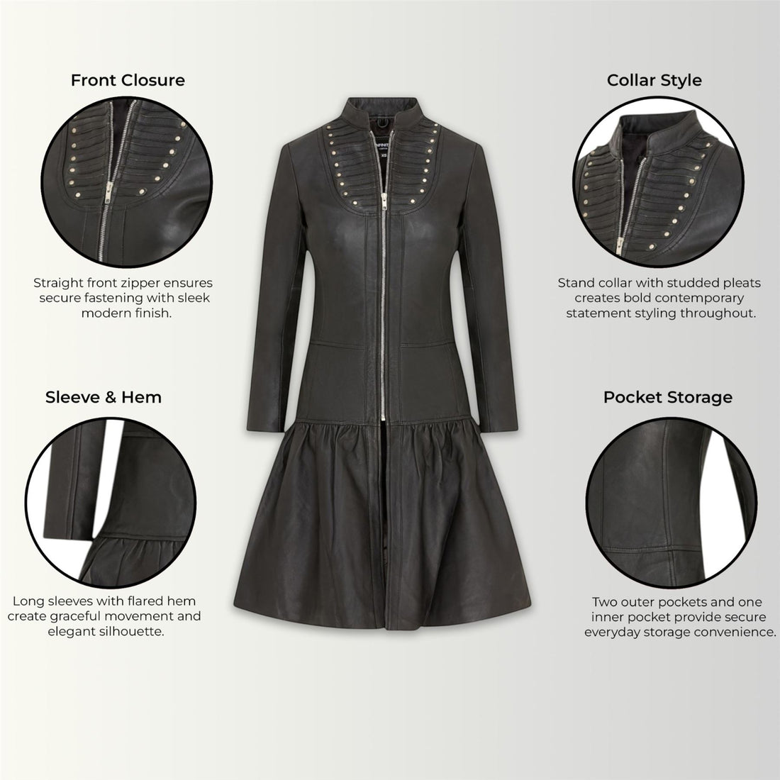 Womens Goth Leather Victorian Studded Flare Coat- Ribet