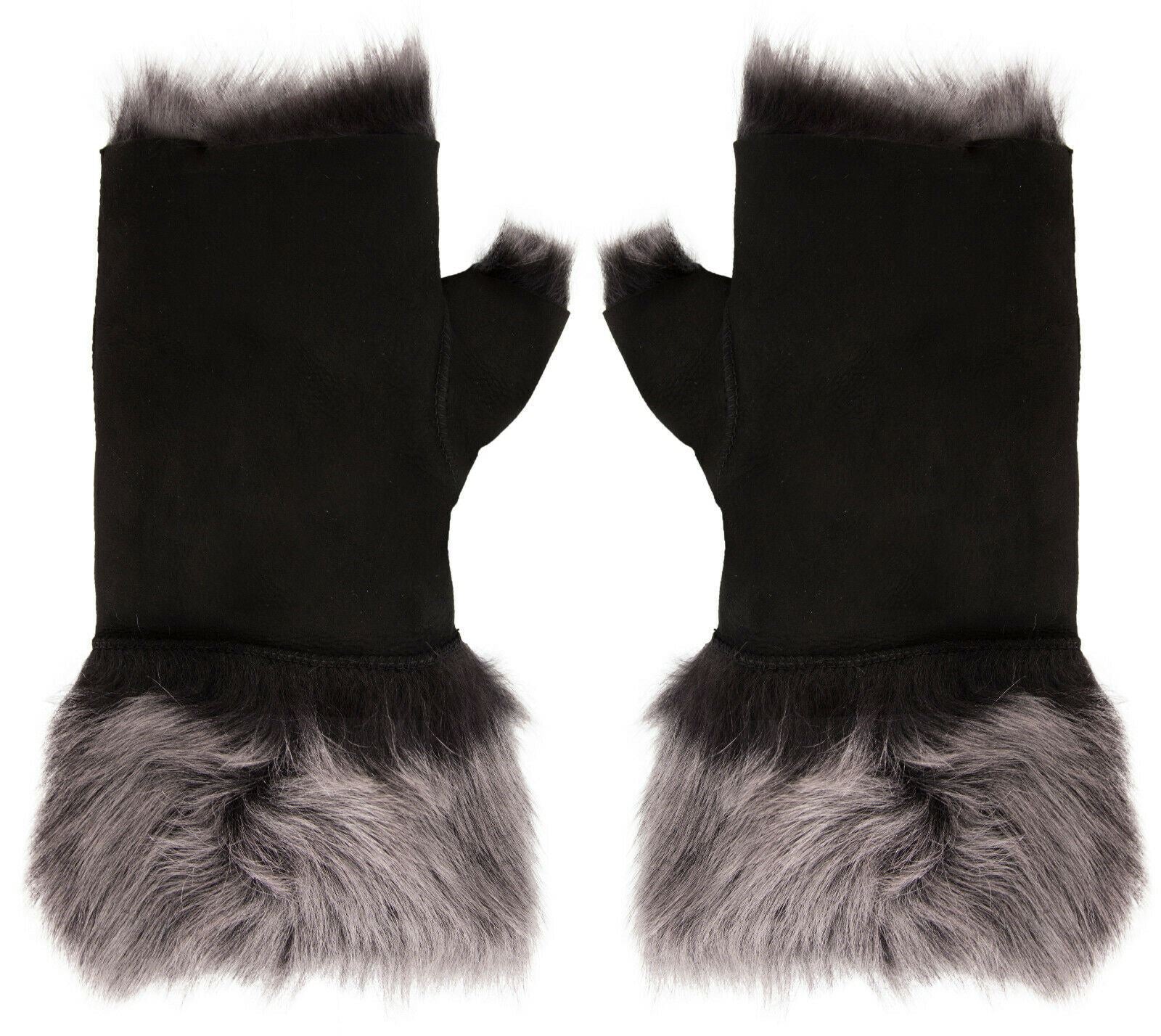 Womens Shearling Mittens Fingerless Cuffs Toscana Suede Sheepskin Fur