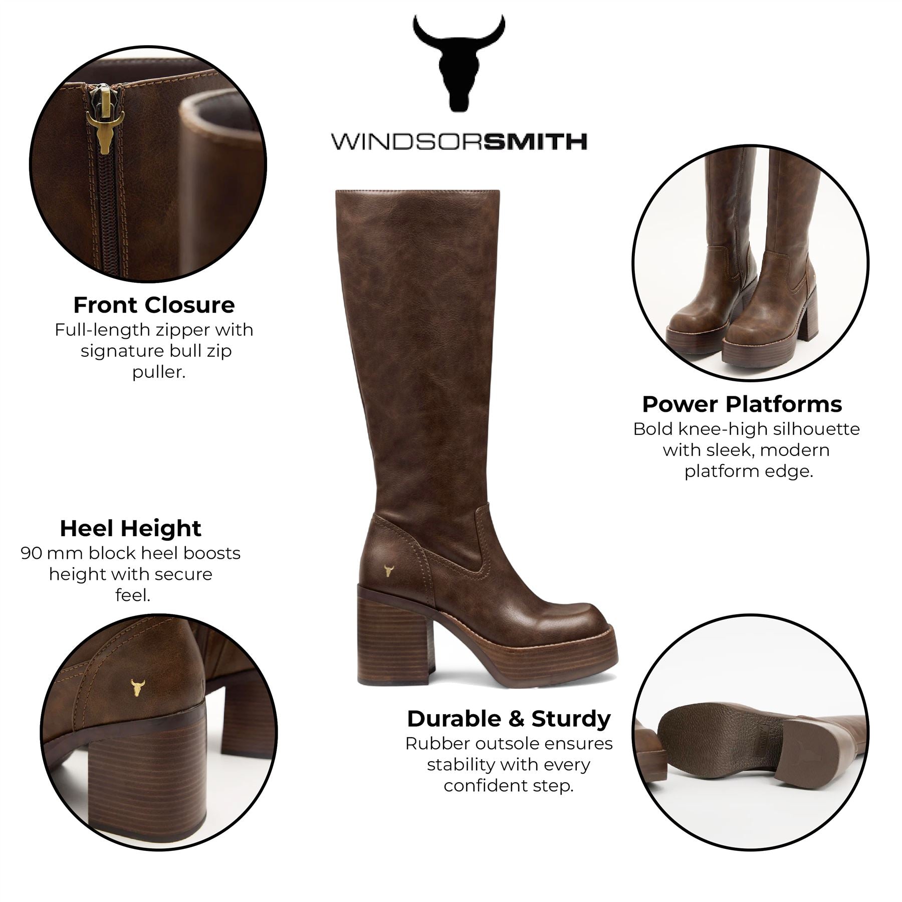 Windsorsmith Womens Oak Brown Faux Leather Knee-High Platform Heel Boots - Niche