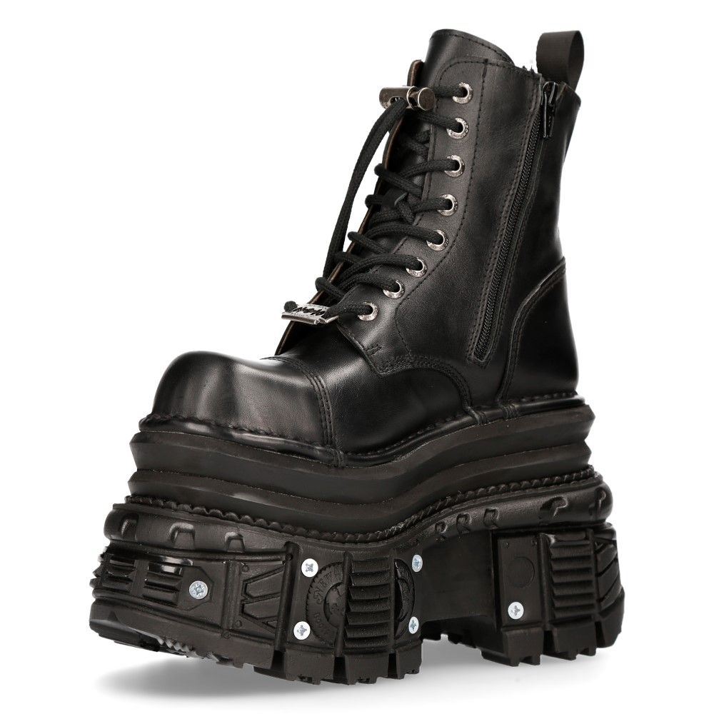 New Rock Metallic Black Leather Military Boots- MILI083CCT-C4 - Upperclass Fashions 