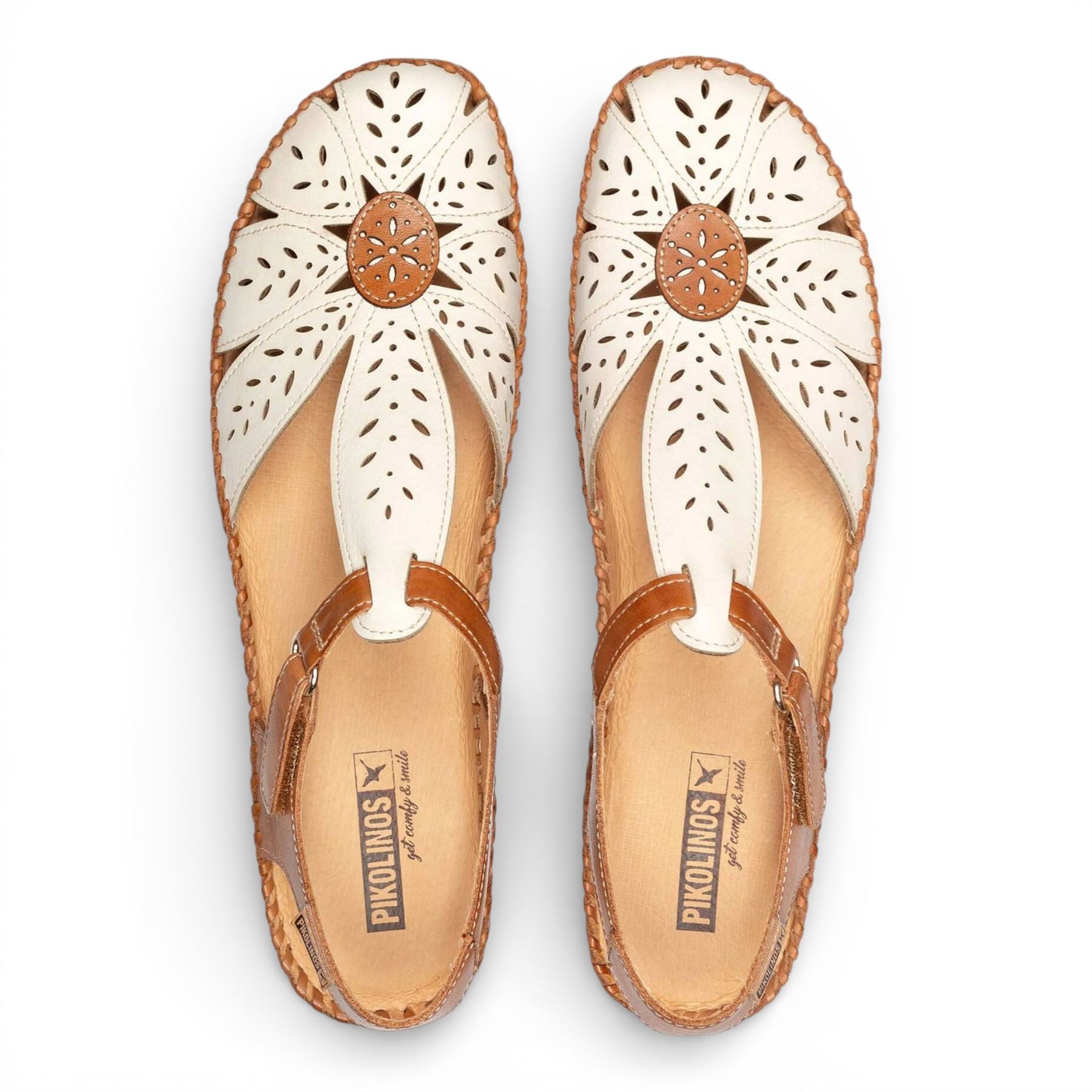 Pikolinos Women’s Tan Cream Leather Cushioned Wedge Sandal Shoes - P-Vallarta