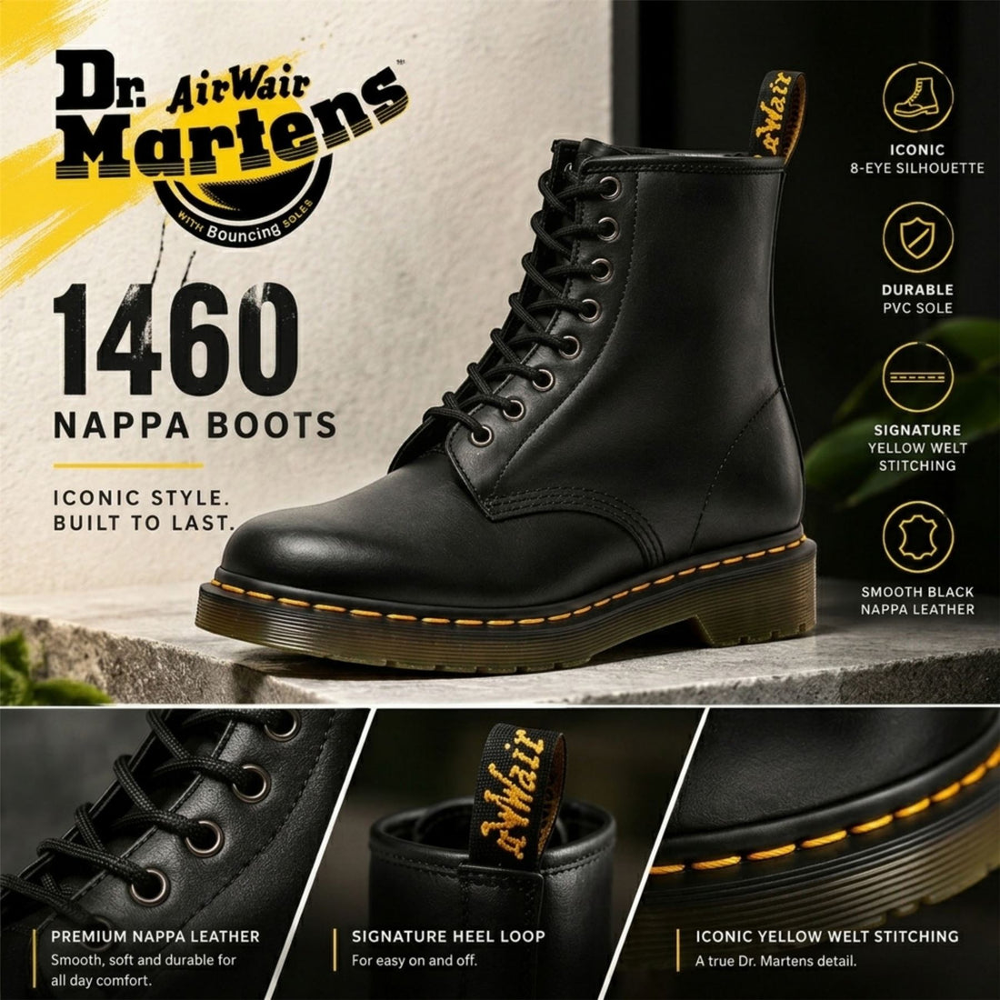 Dr Martens 1460 Black Nappa Leather 8-Eye Combat Boots - 11822002