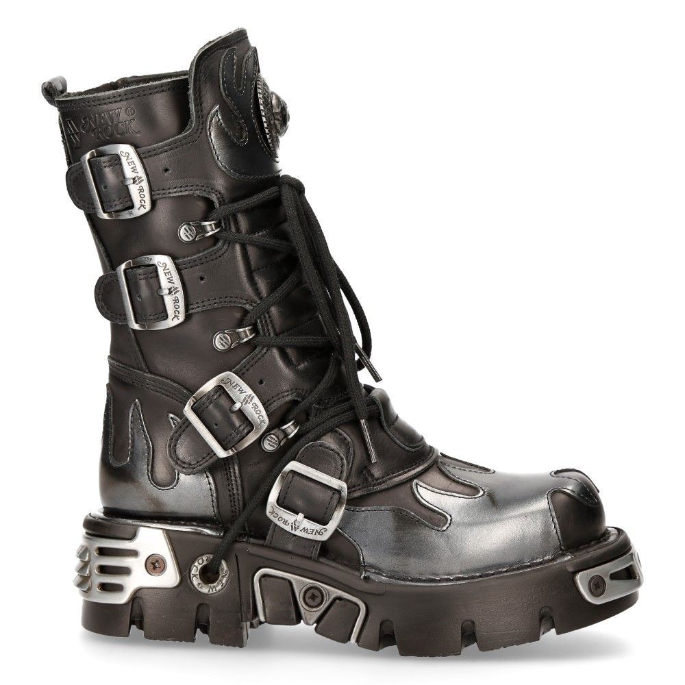 New Rock Flame Accented Black/Silver Leather Boots-591-S2