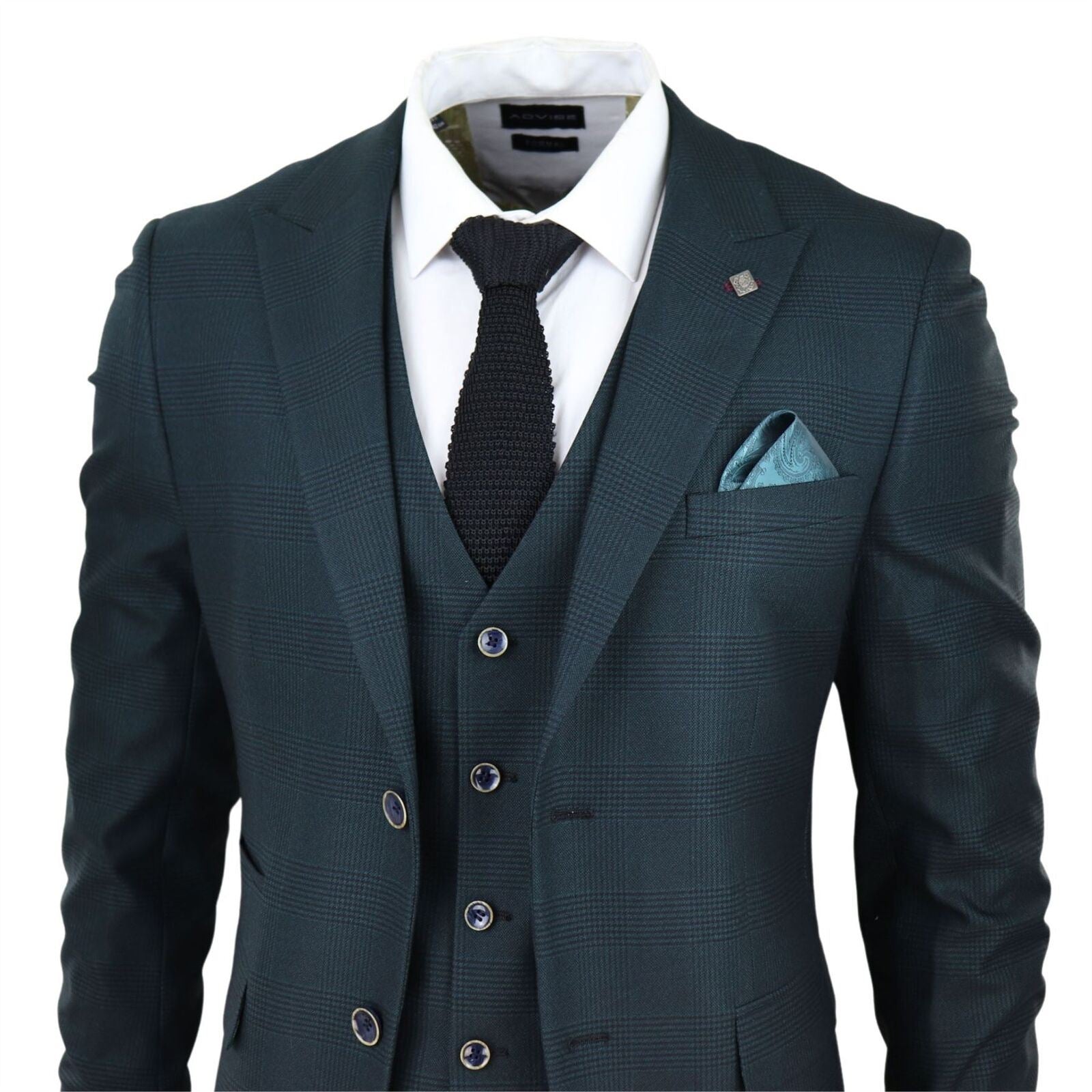 Mens Olive Green 3 Piece Check Tailored Fit Suit