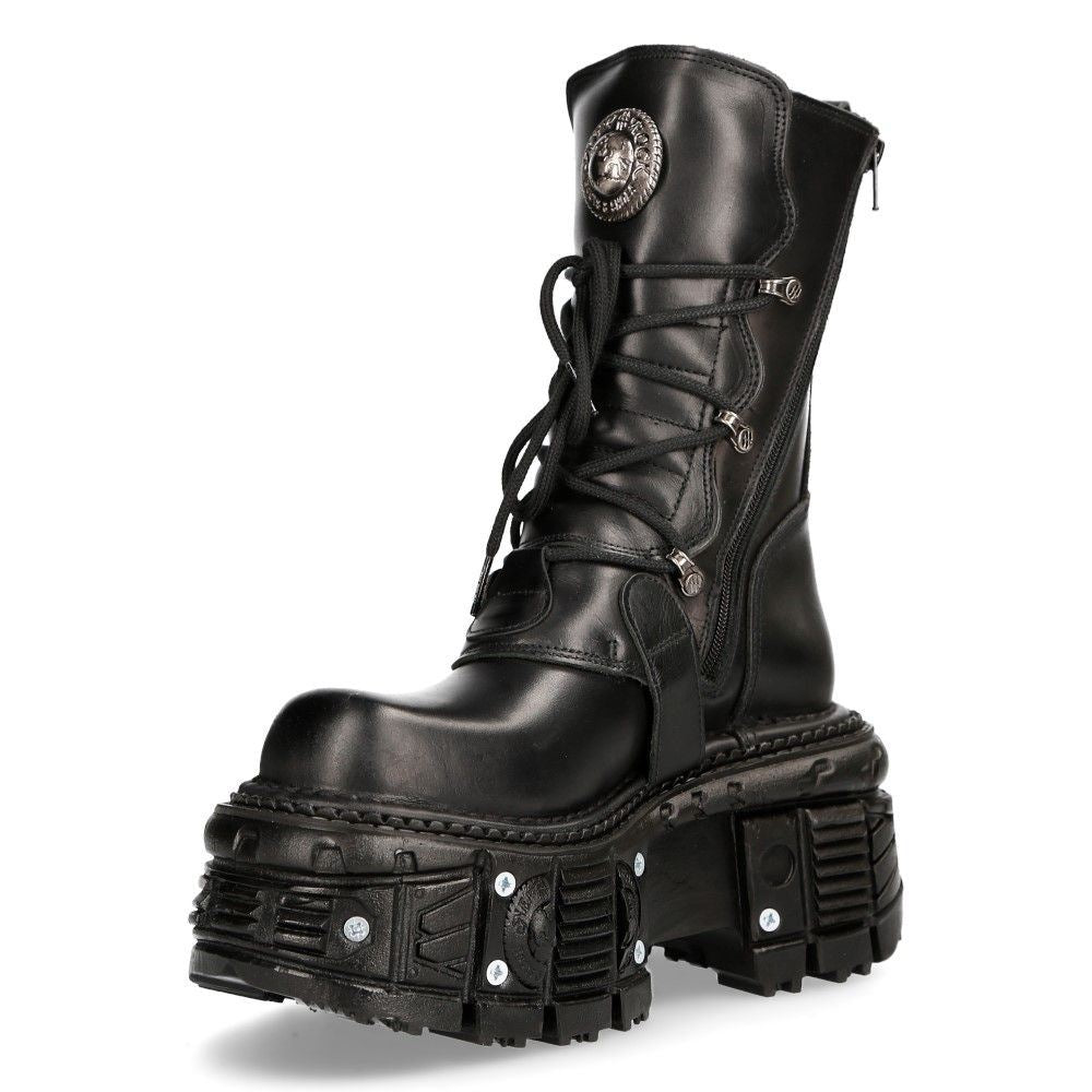 New Rock Unisex Black Leather Combat Platform Boots - TANK373-S1