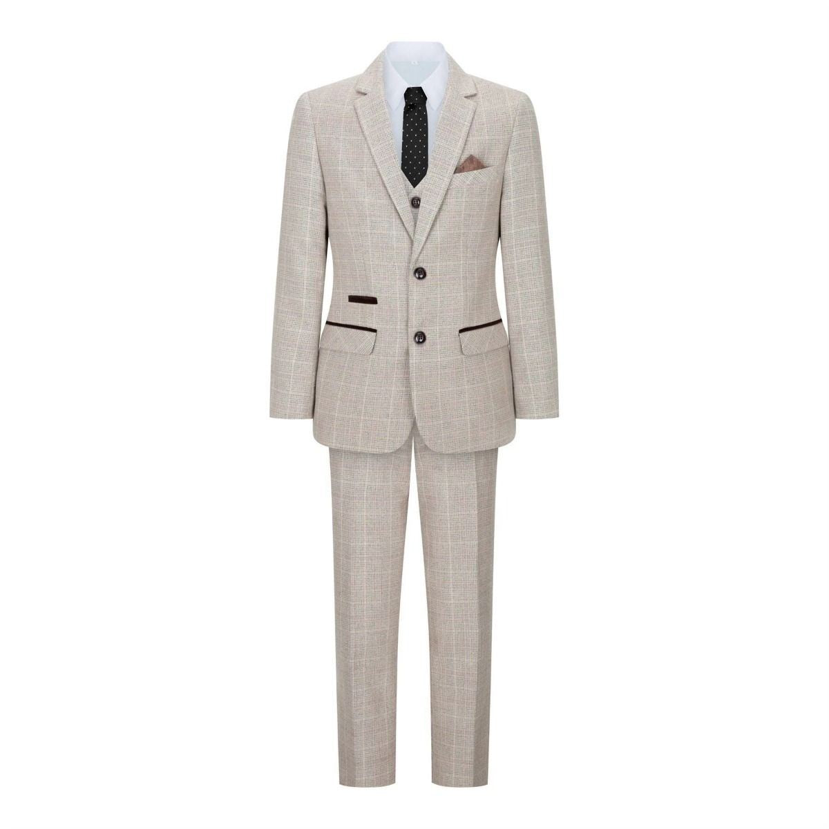Boys 3 Piece Beige Tweed Check Vintage Retro Suit