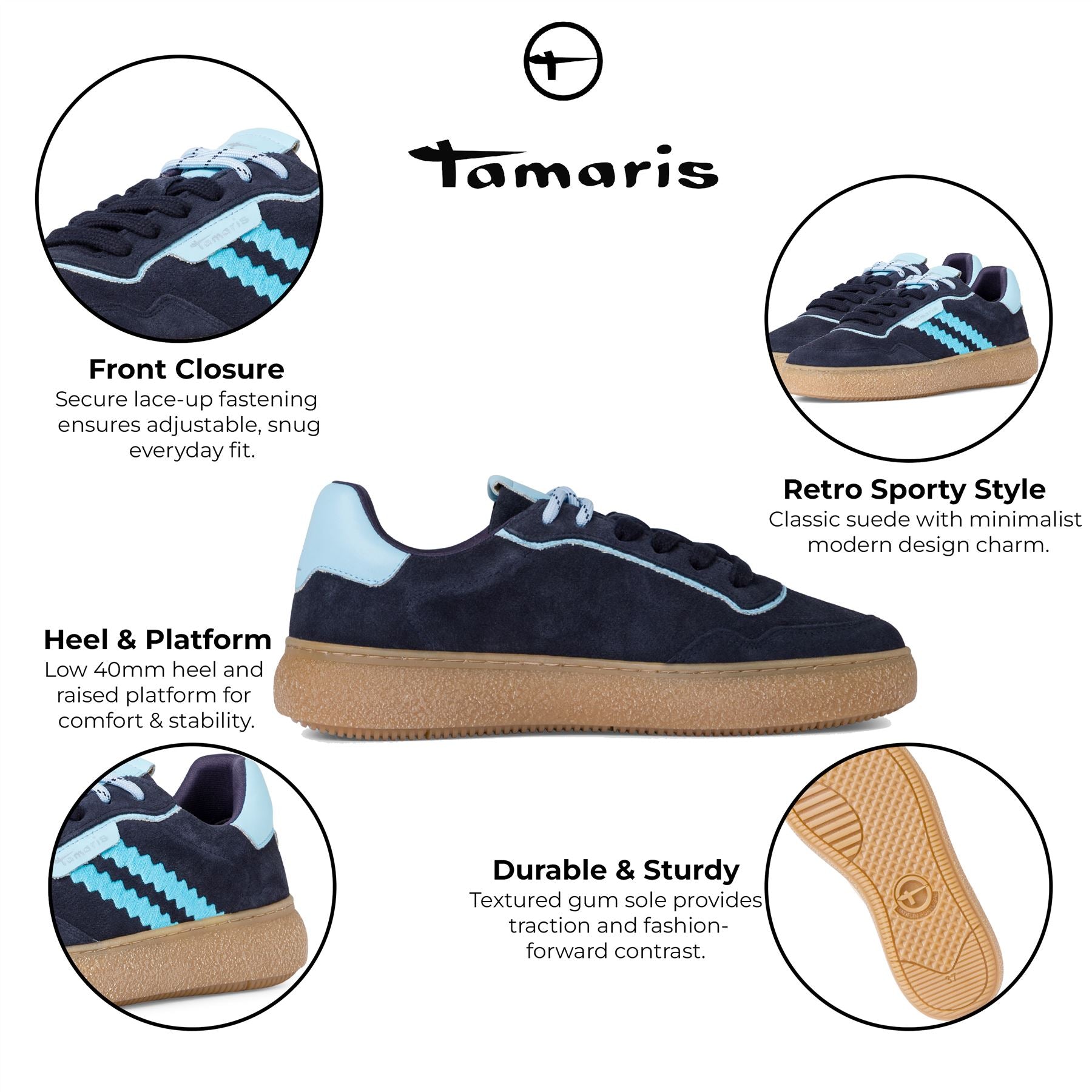 Tamaris Womens Navy Blue Leather Fashion Stripe Lace Up Sneakers