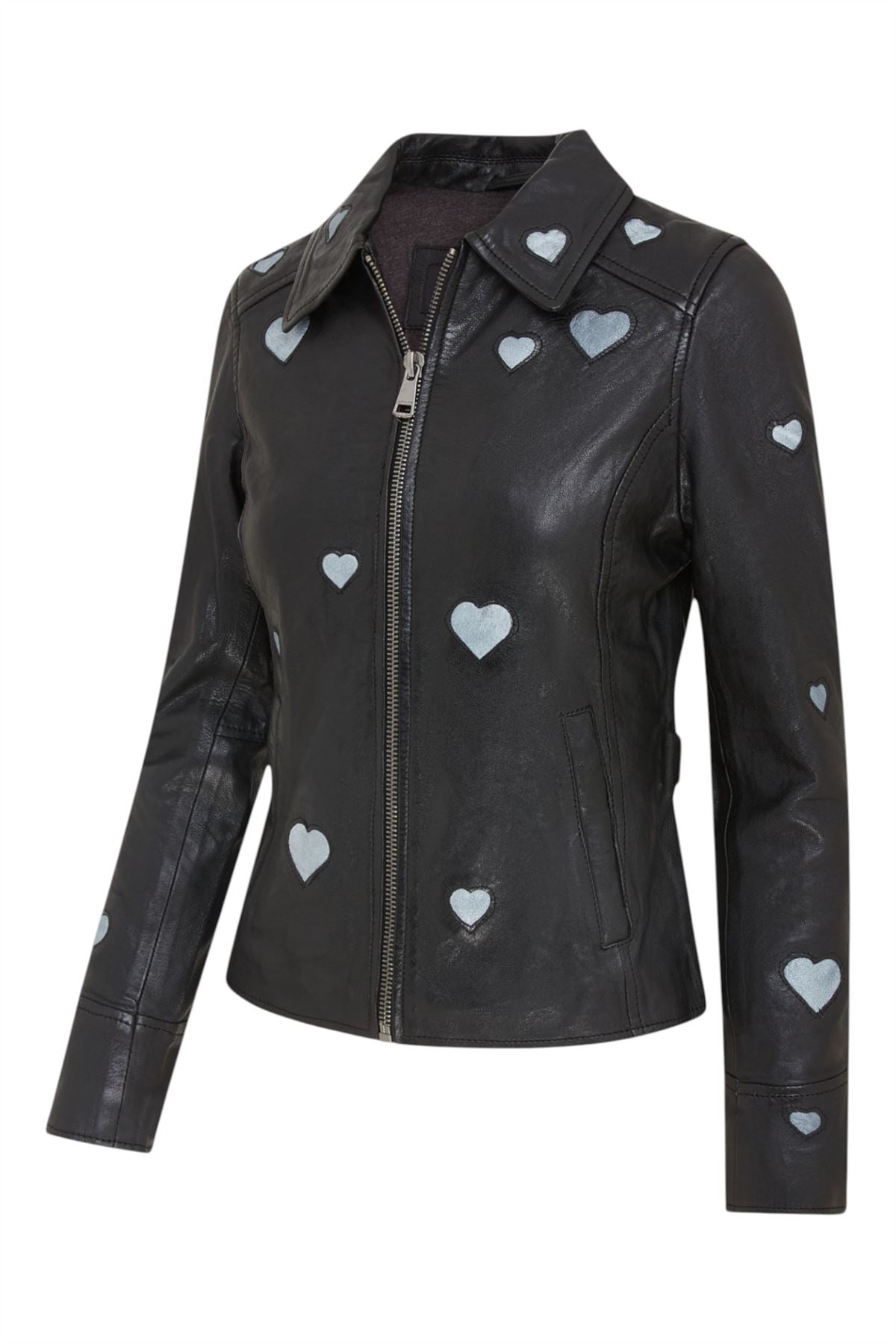 Women’s Black Leather Hearts Biker Jacket - Wynyard
