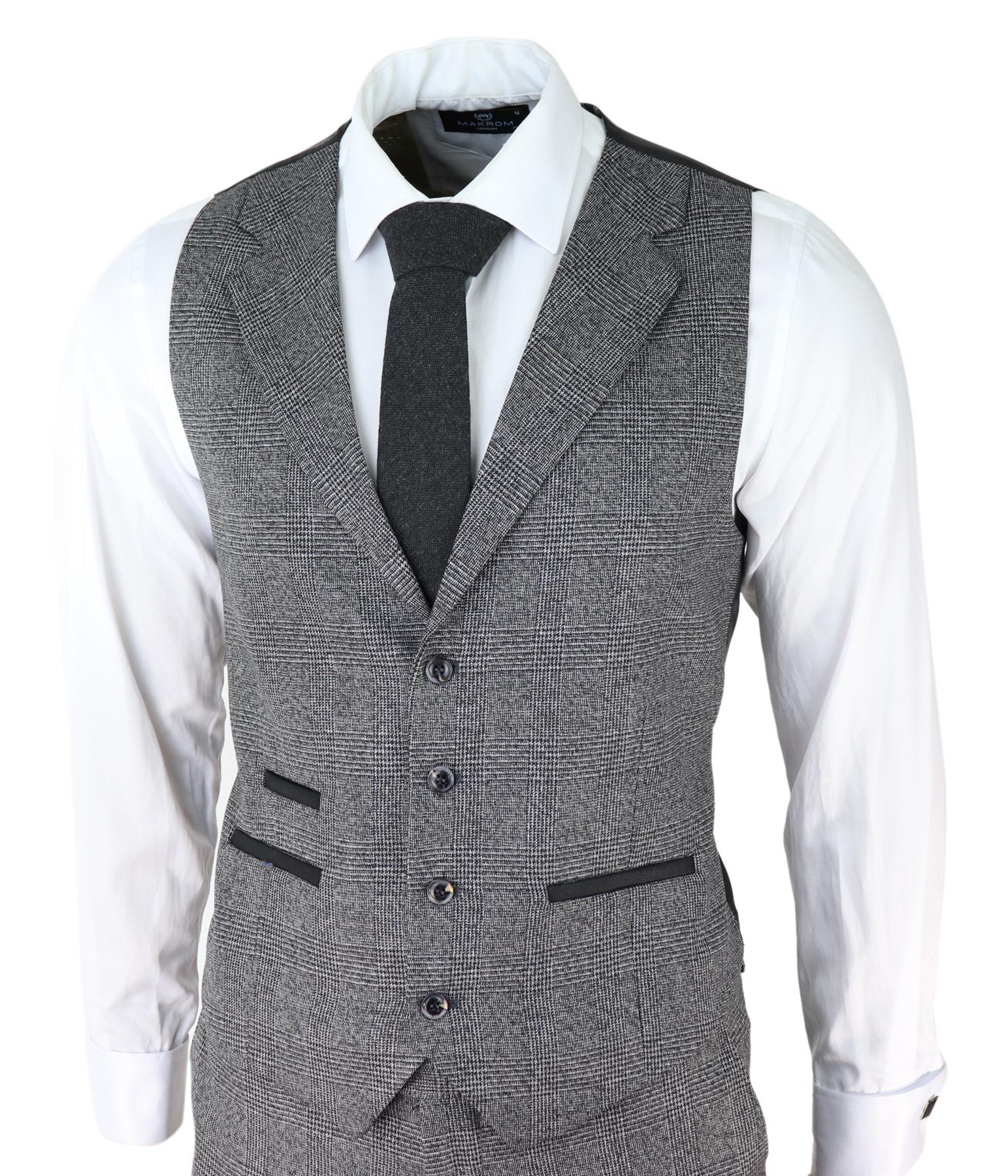 Mens Grey 3 Piece Suit Prince of Wales Check Classic Tailored Fit Wedding Suit