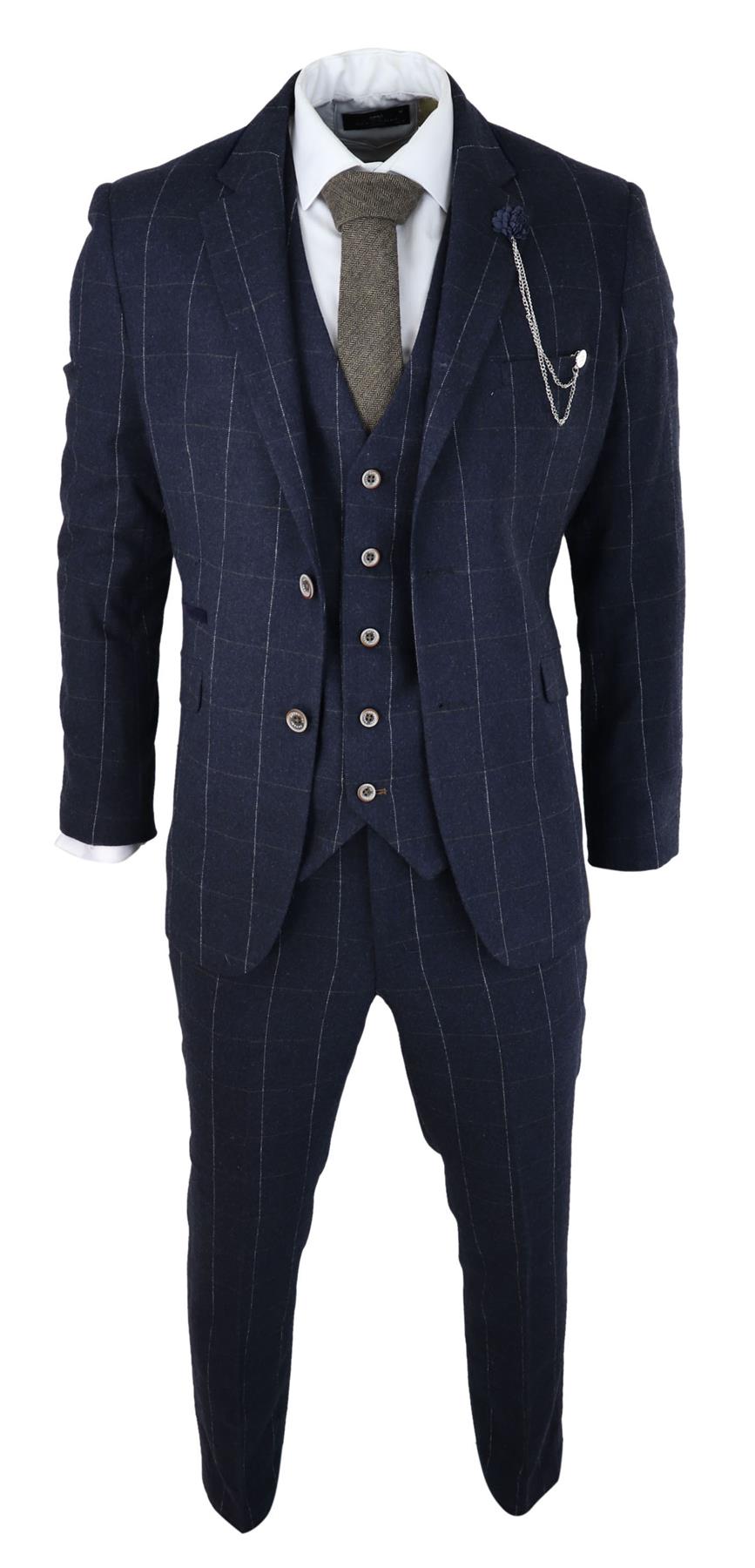 Mens 3 Piece Wool Suit Navy Blue Tweed Check Peaky Blinders 1920 Gatsby Formal