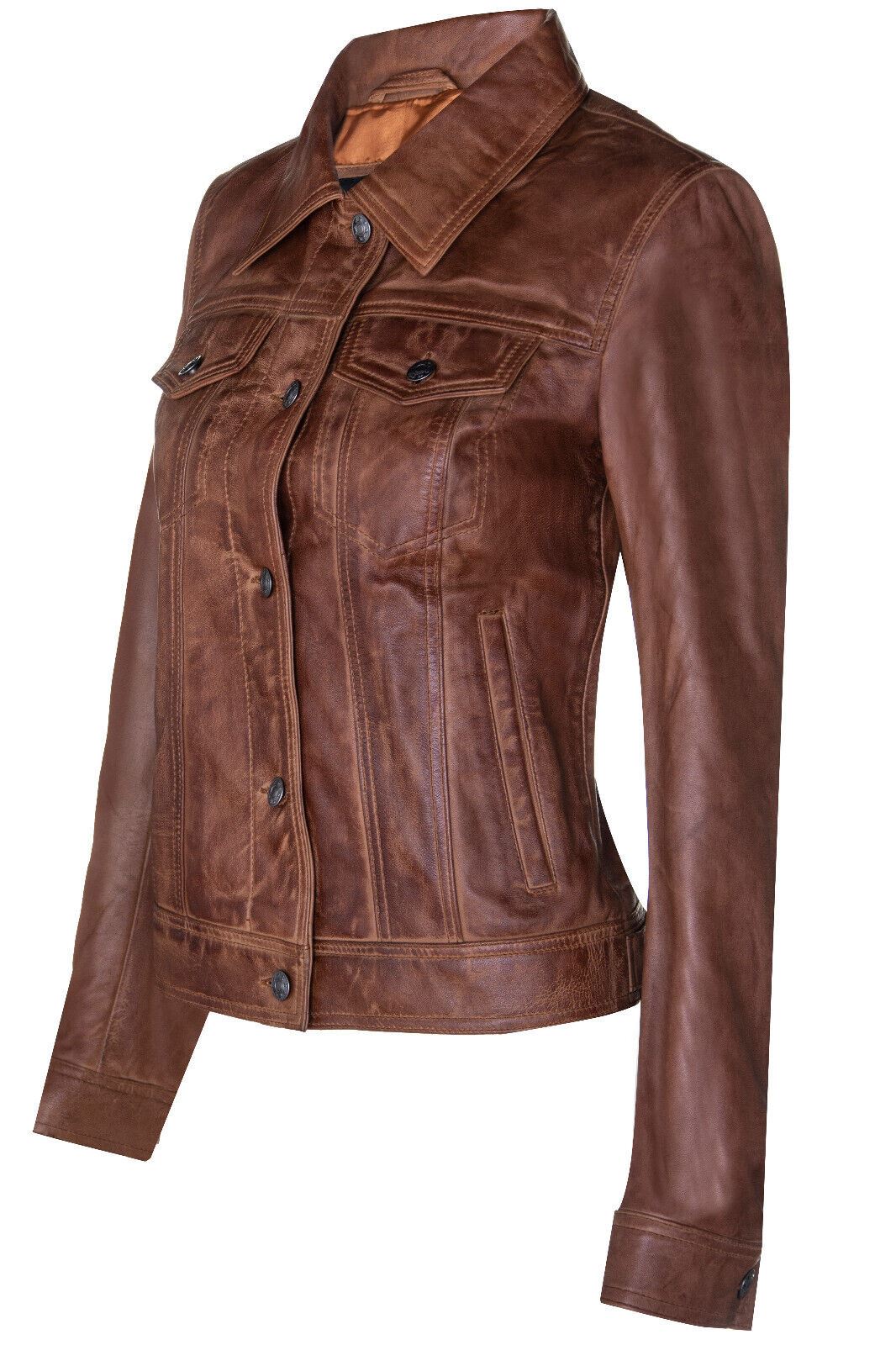 Womens Classic Leather Trucker Jeans Jacket-Nelson