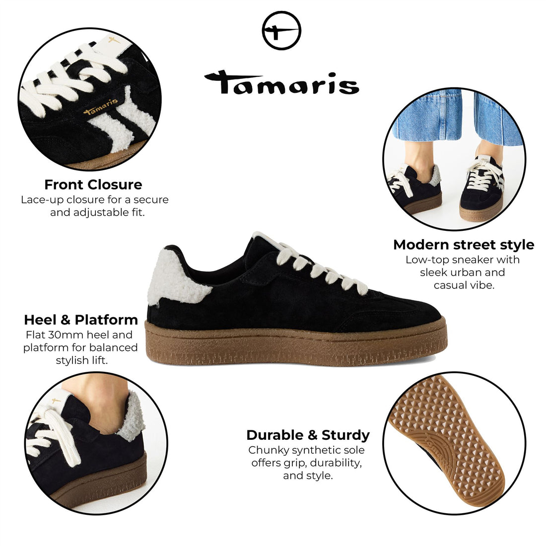 Tamaris Womens Black White Fur Suede Leather Fashion Lace Up Sneakers