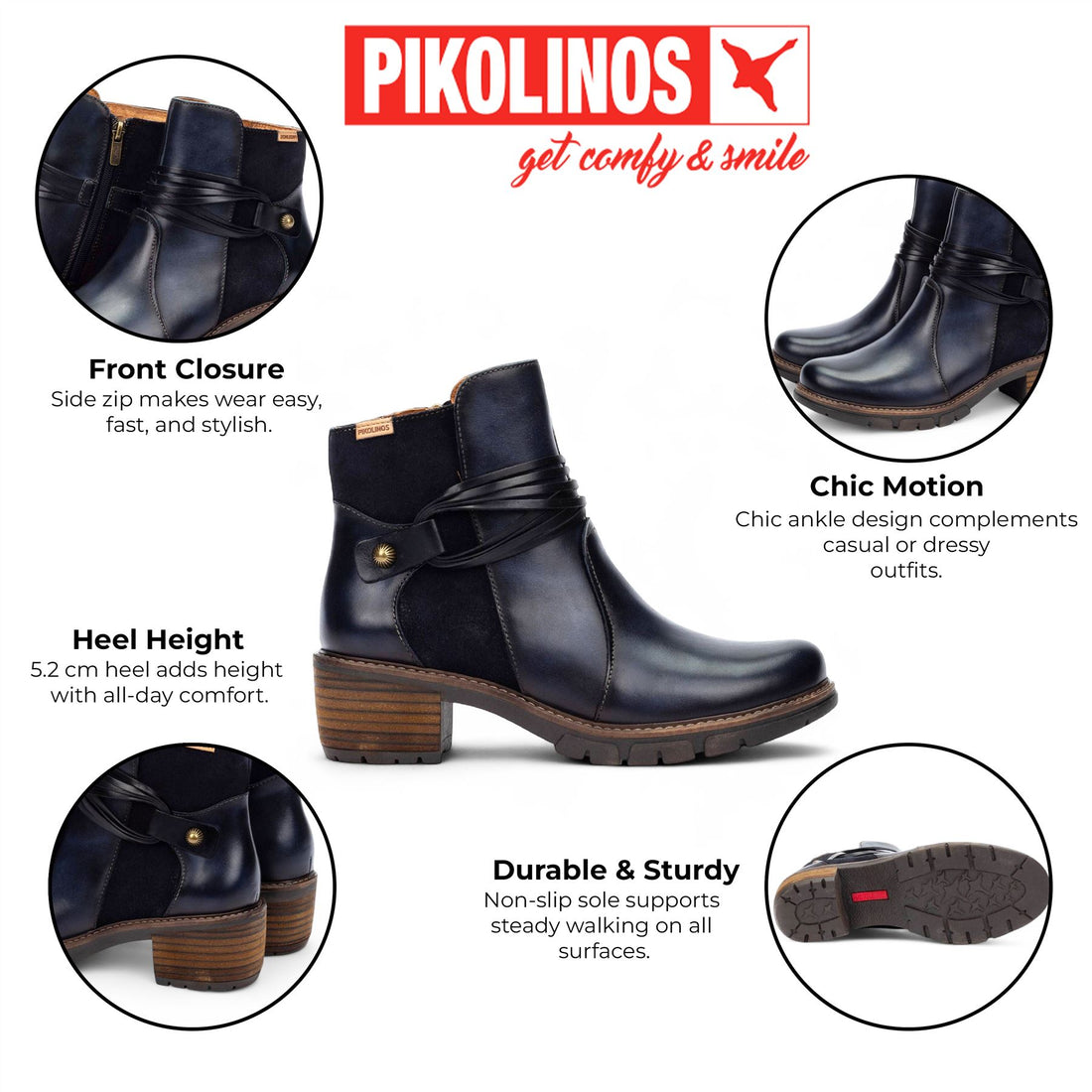 Pikolinos Women’s Blue Leather Zipped Heel Ankle Boots - San Sebastia