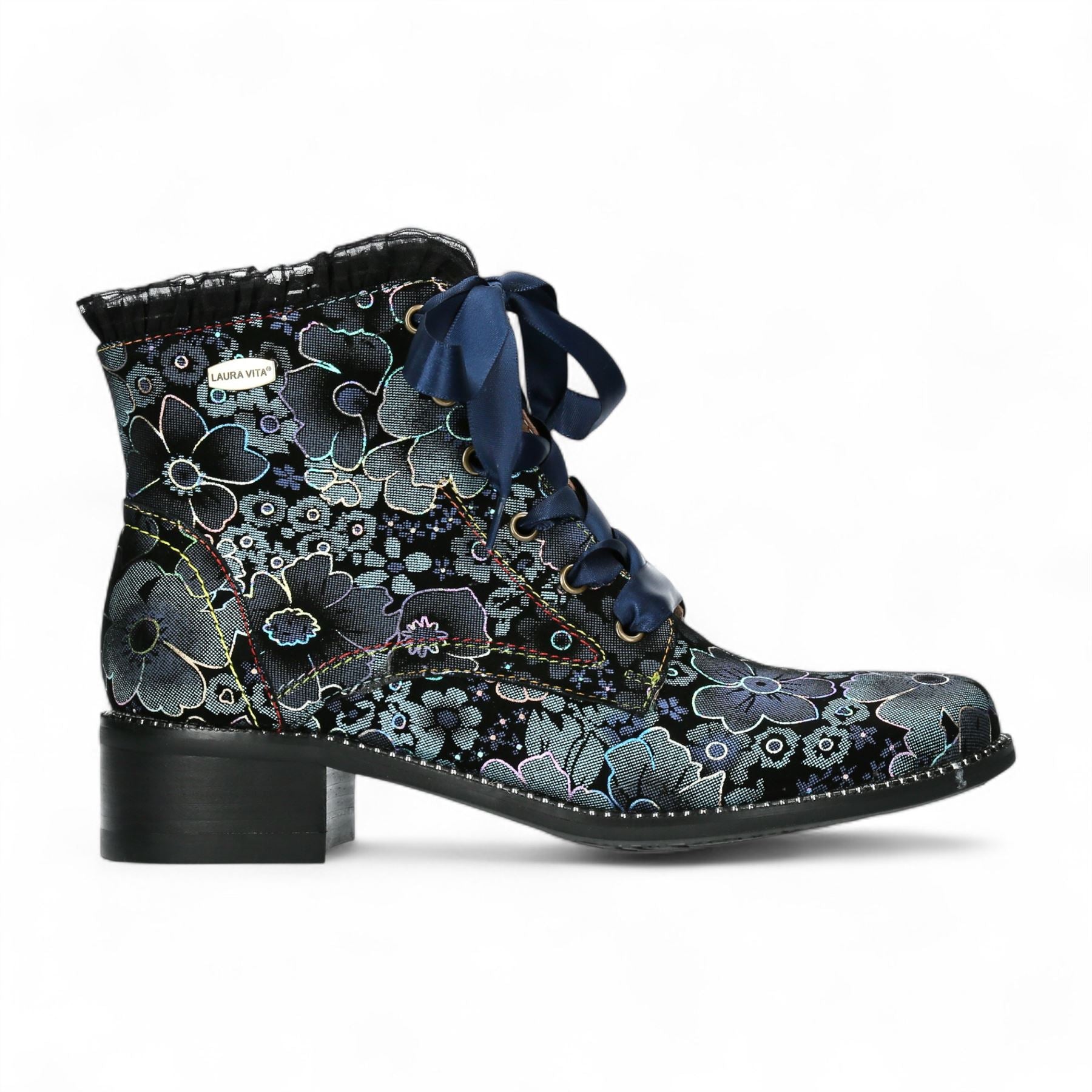 Laura Vita Emcmao-45 Blue Floral Womens Gothic Victorian Leather Ankle Heeled Boots