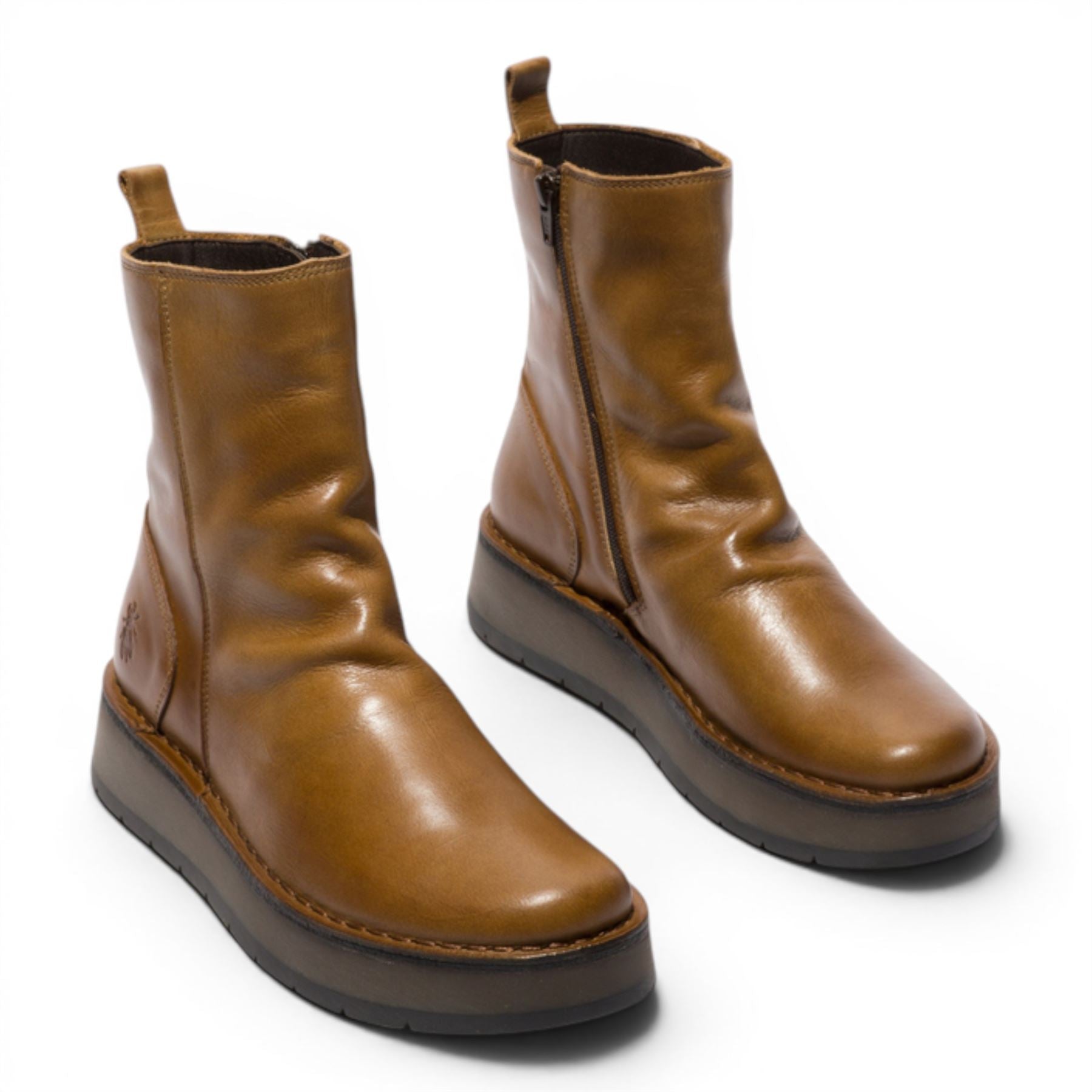 Fly London Womens Tan Leather Zip Up Platform Ankle Boots - RENO053FLY