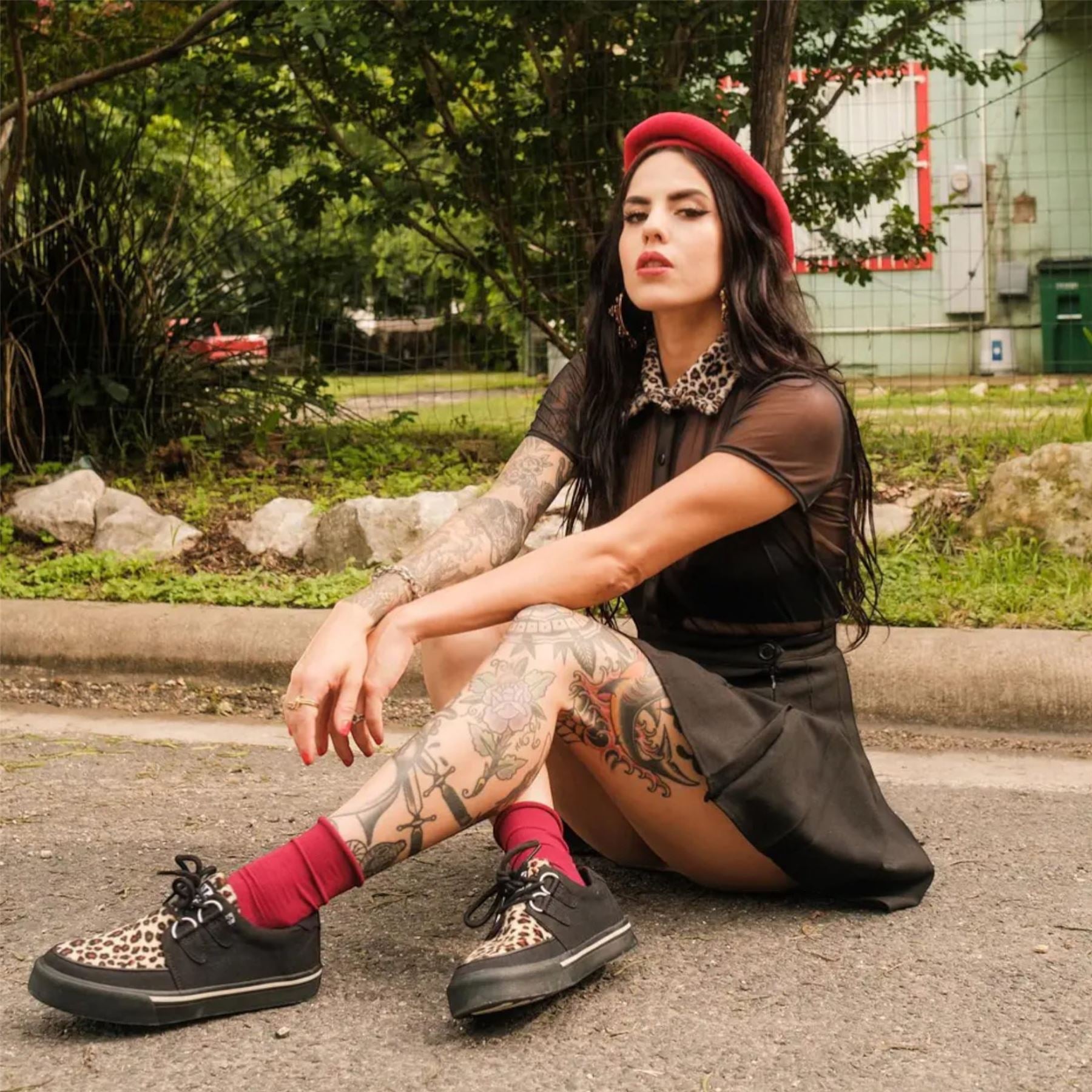 TUK Pointed Creeper Sneaker Black Leopard Canvas Platform Shoes - A9180