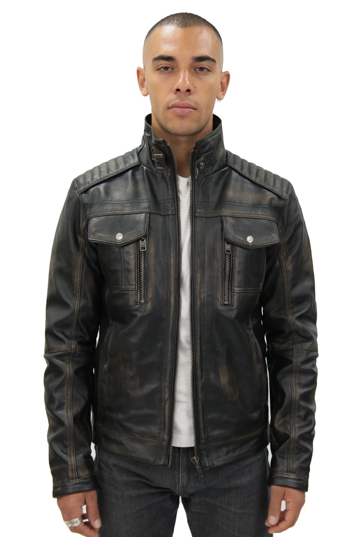 Men Vintager Classic Leather Biker Jacket-Southwick