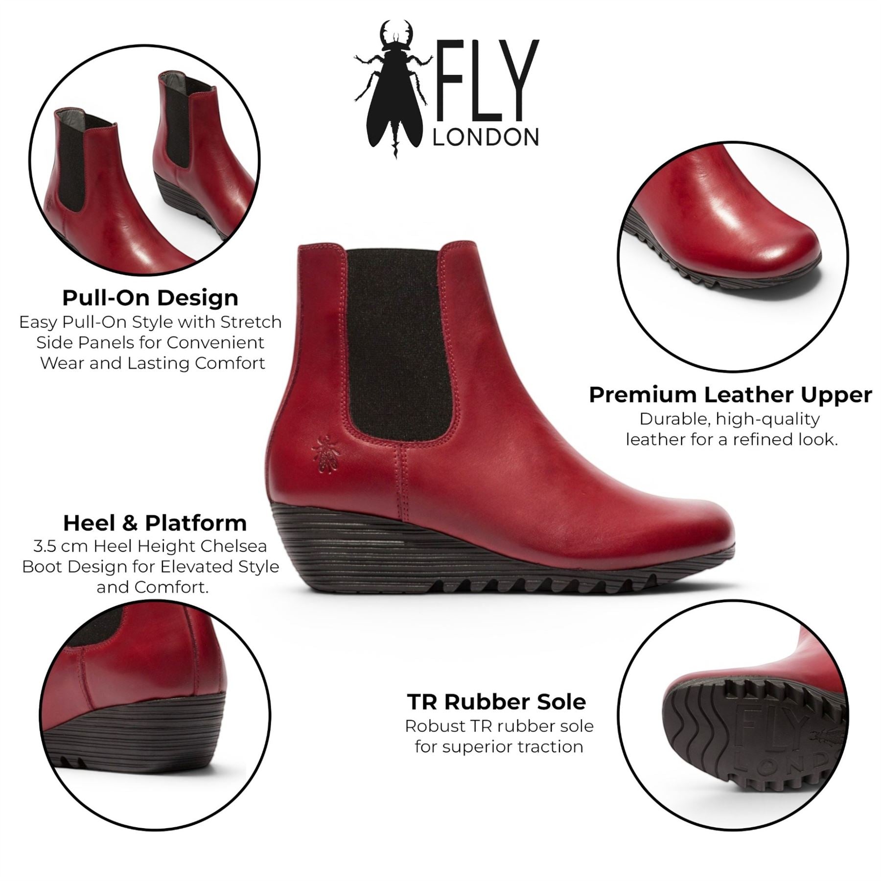 Fly London Womens Burgundy Red Leather Wedge Heel Chelsea Boots - ORFU496