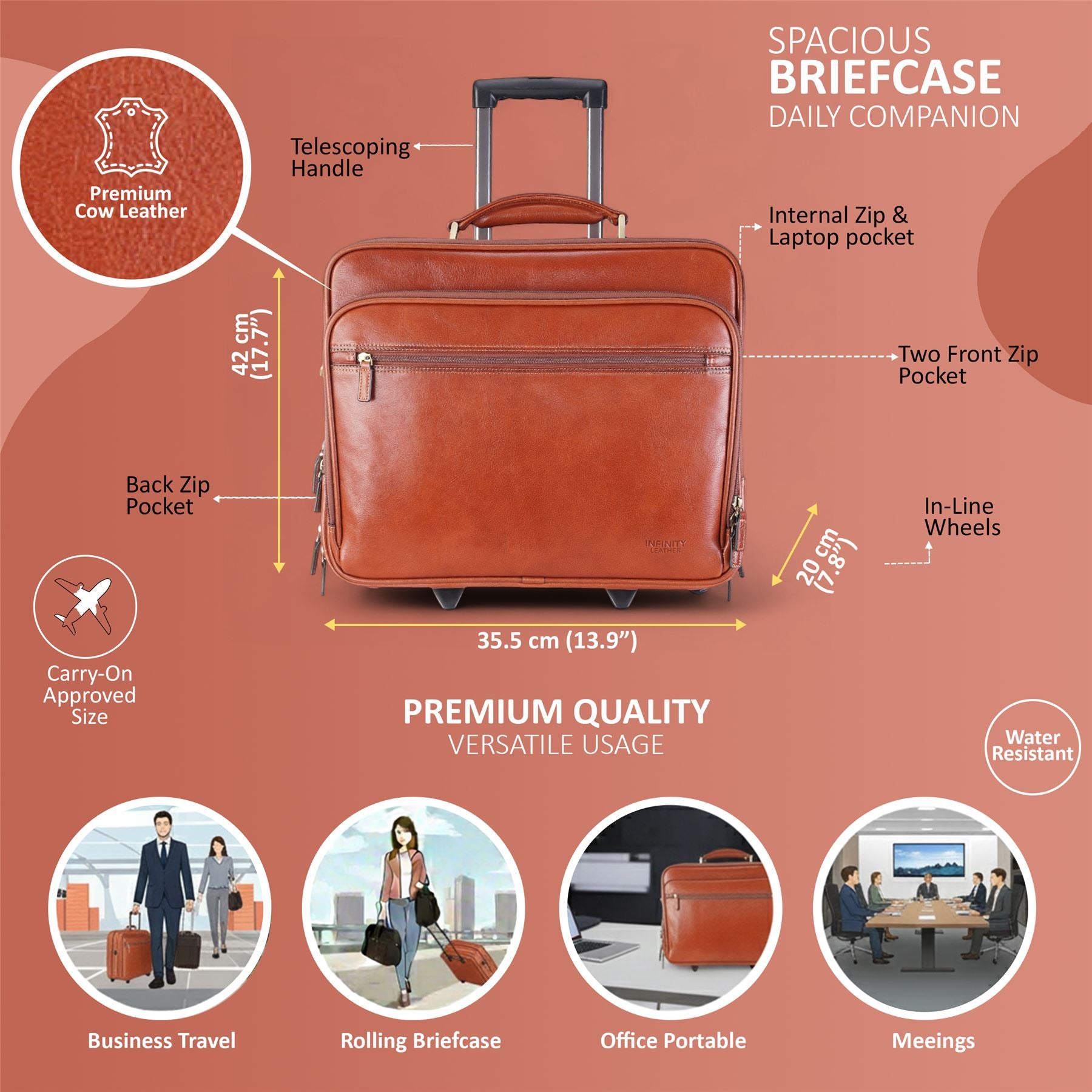 Genuine Leather Tan Wheel Laptop Briefcase Travel Cabin Pilot Bag - Nomad