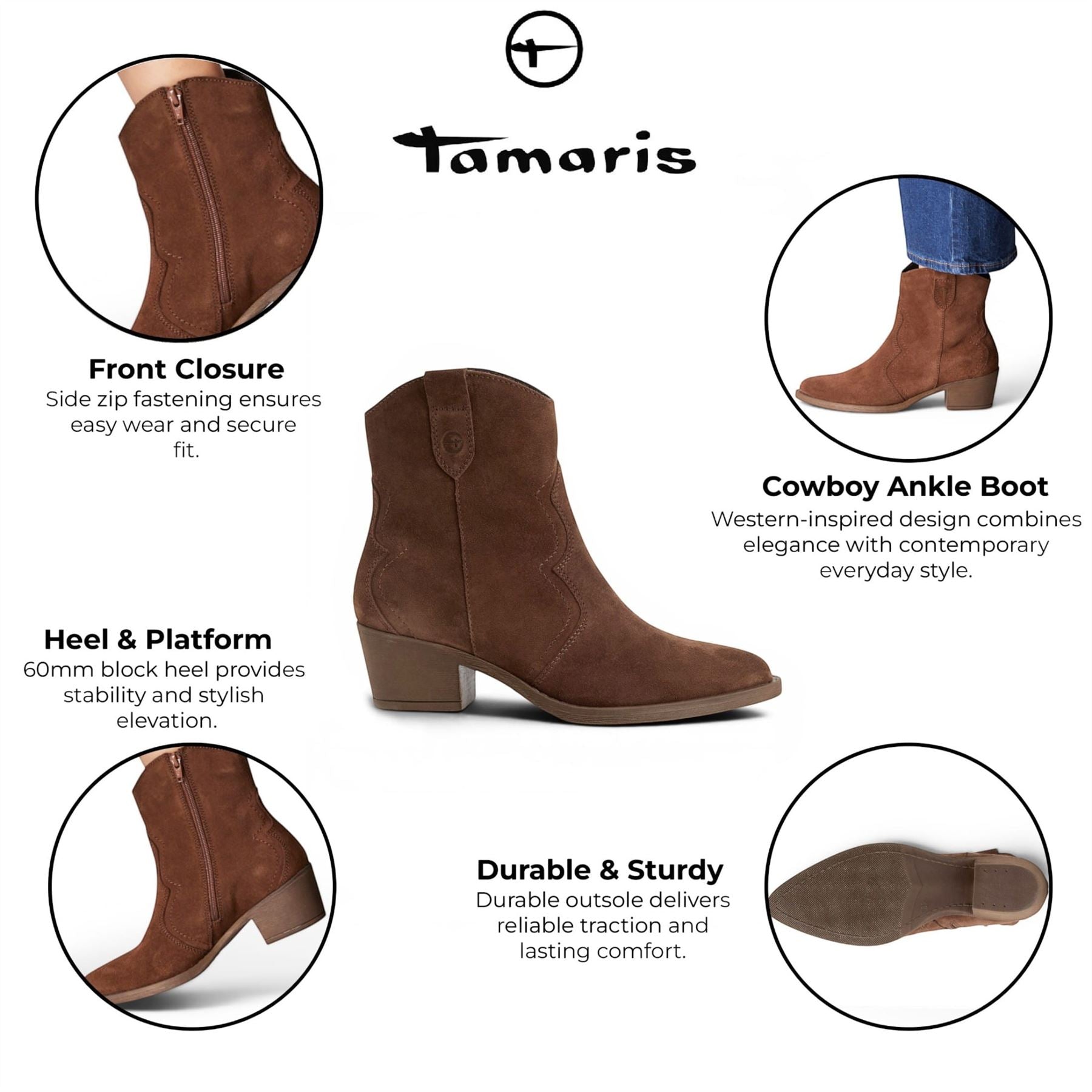 Tamaris Women’s Brown Suede Leather Cowboy Western Ankle Boots - 25702-41