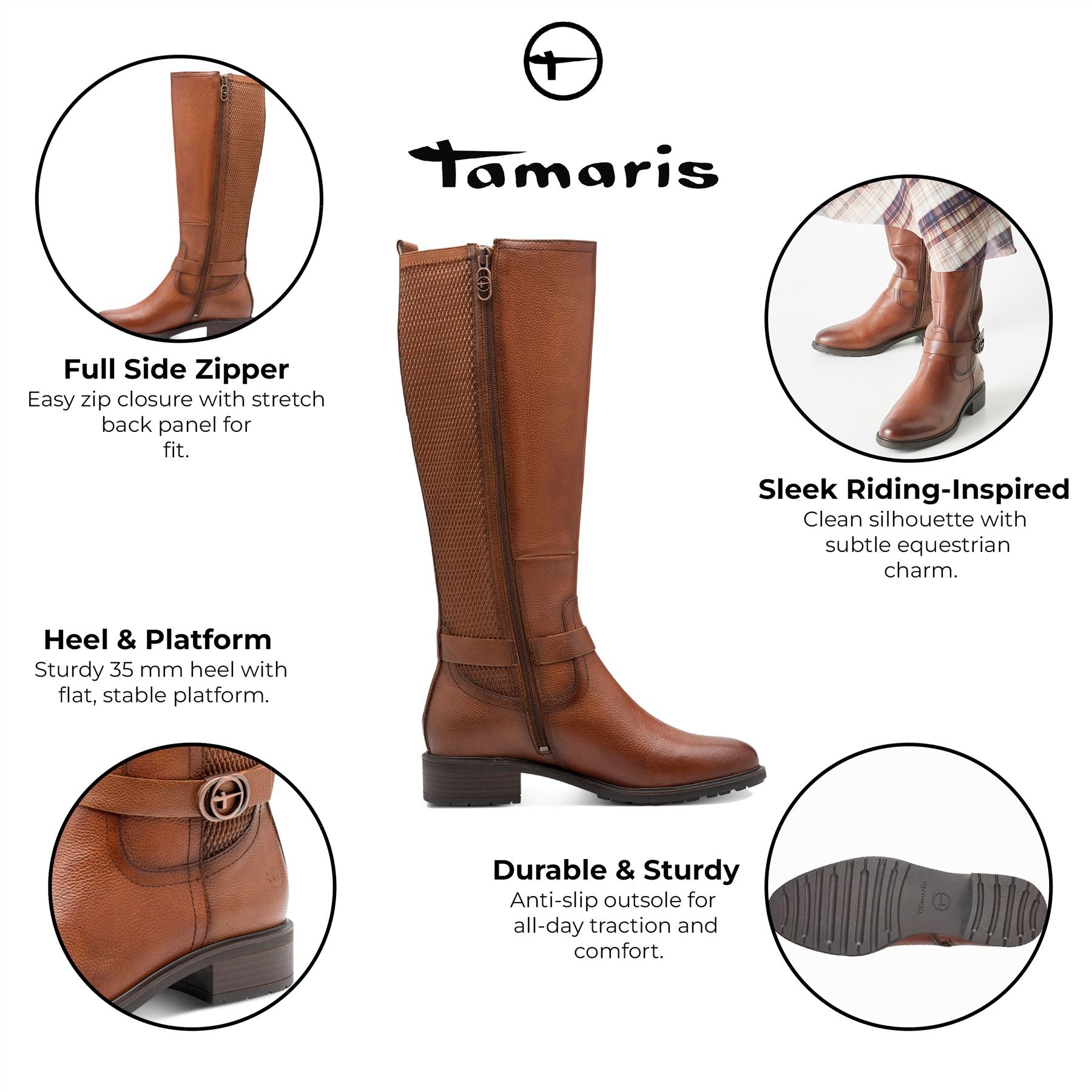 Tamaris Womens Cognac Brown Tan Leather Knee High Riding Boots