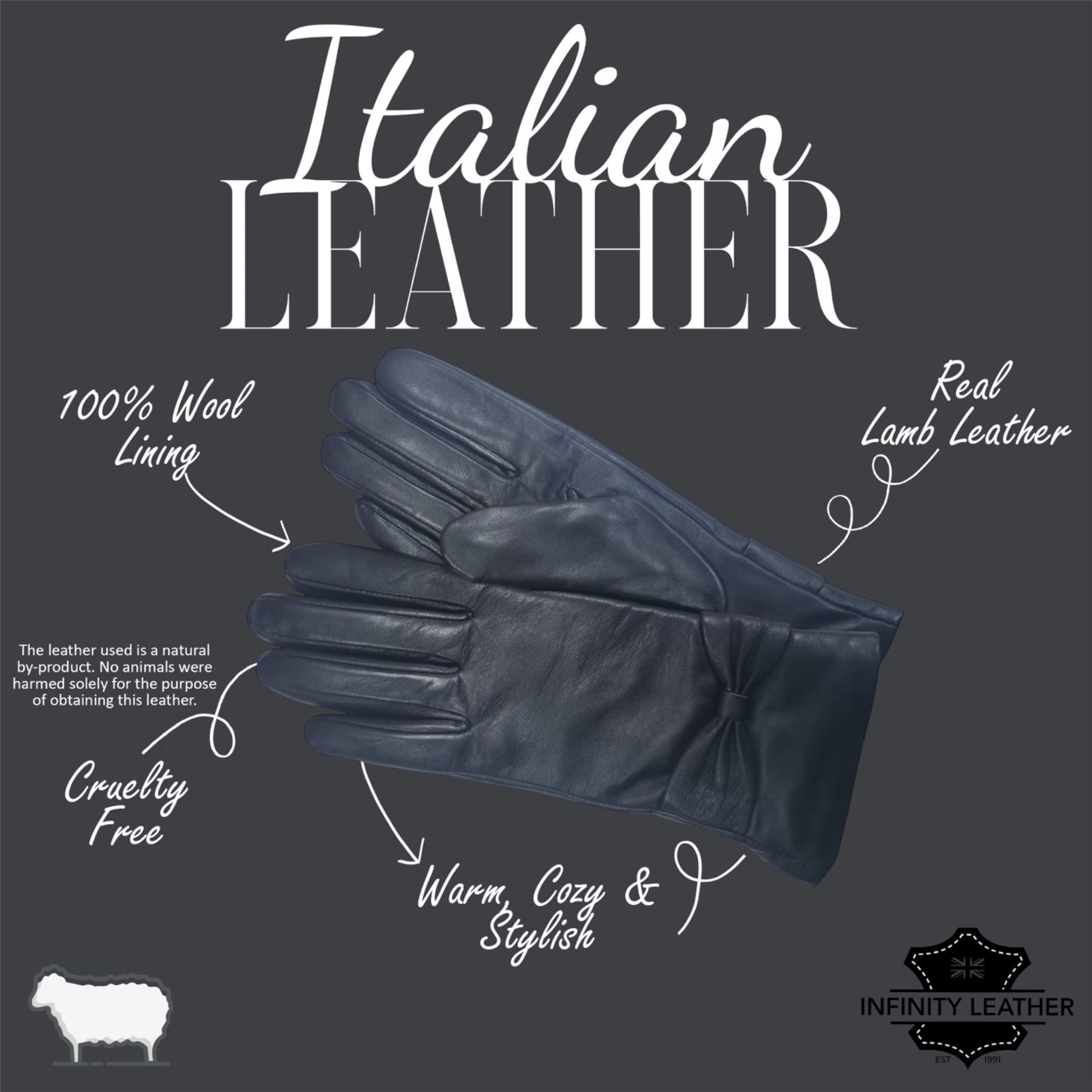 Womens Italian Leather Winter Bow Design Soft Wool Lining Gloves - L-GLV-401