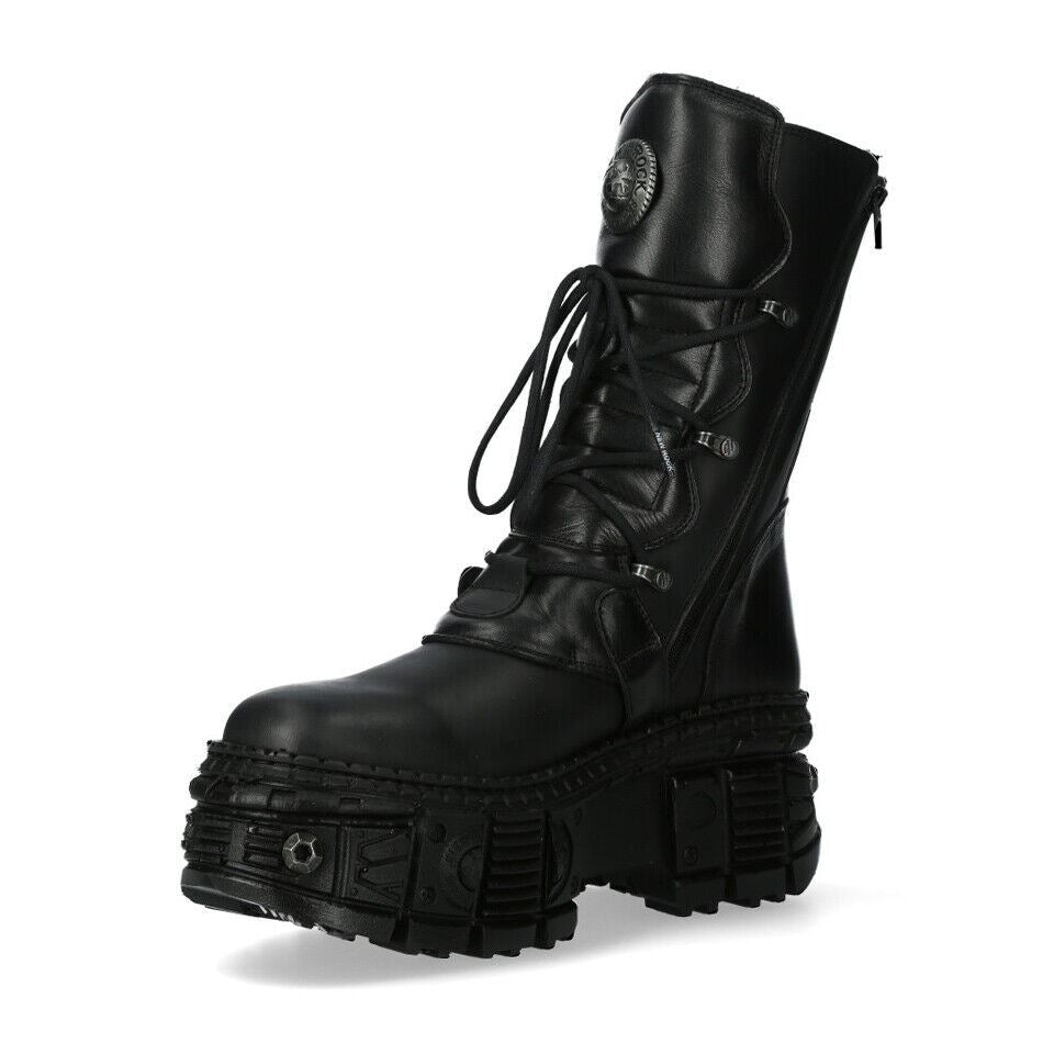 New Rock Leather Mid Calf Black Boots-WALL373-S11