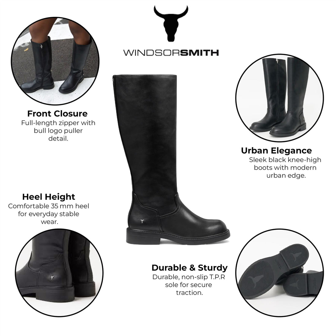 Windsorsmith Womens Black Fuax Leather Knee High Tall Boots - Blessing