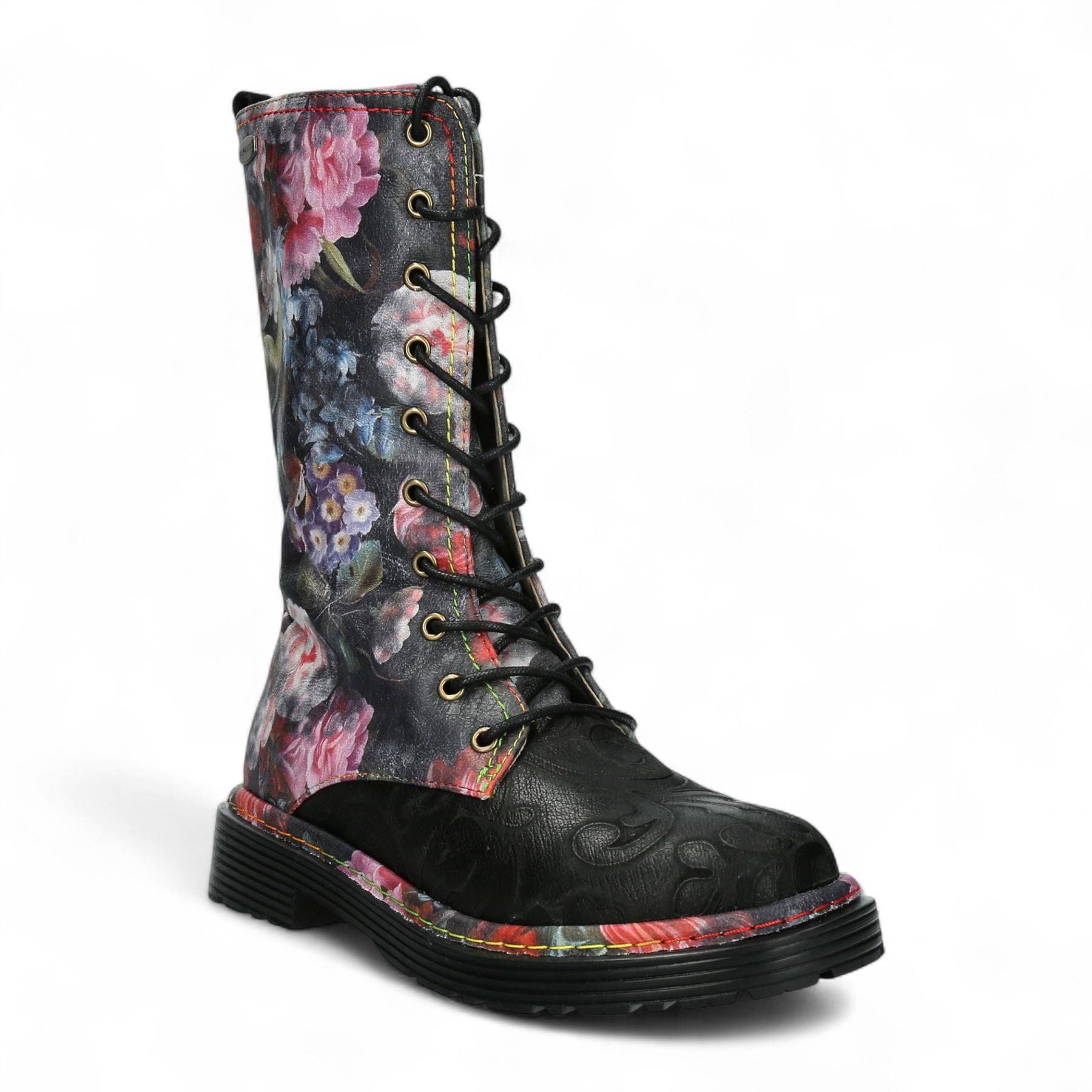 Laura Vita Incaso-18 Black Floral Womens Gothic Victorian Leather High Boots