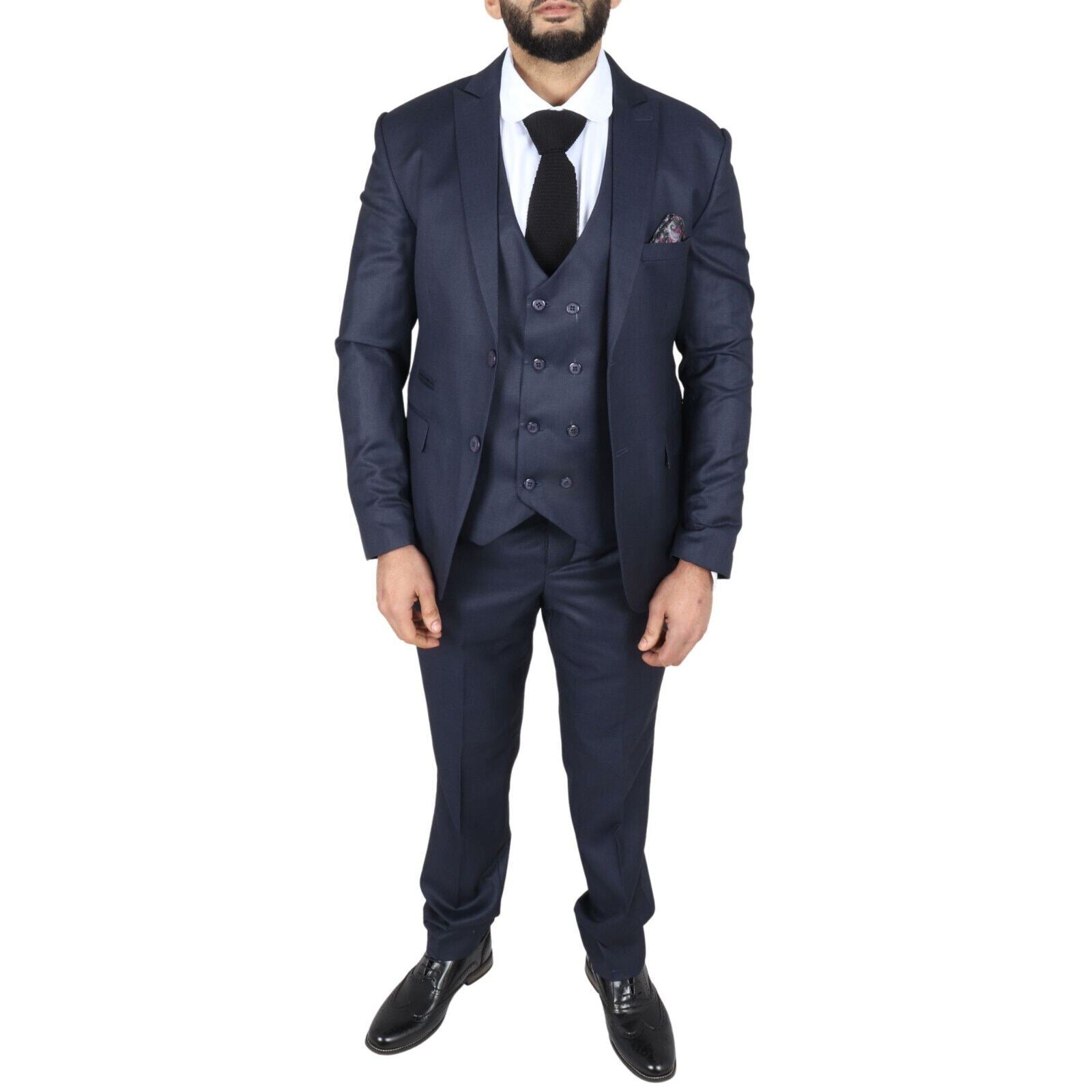 Mens IM1 Double Brusted Plain Navy 3 Piece Suit