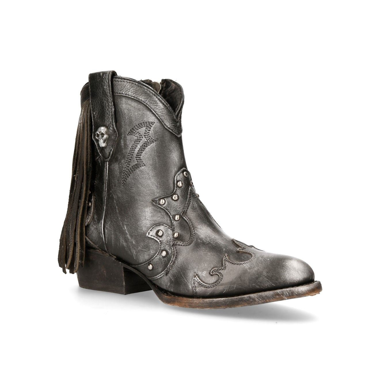 New Rock Grey Leather Fringed Pointed Cowboy Boots- WSTM003-S1