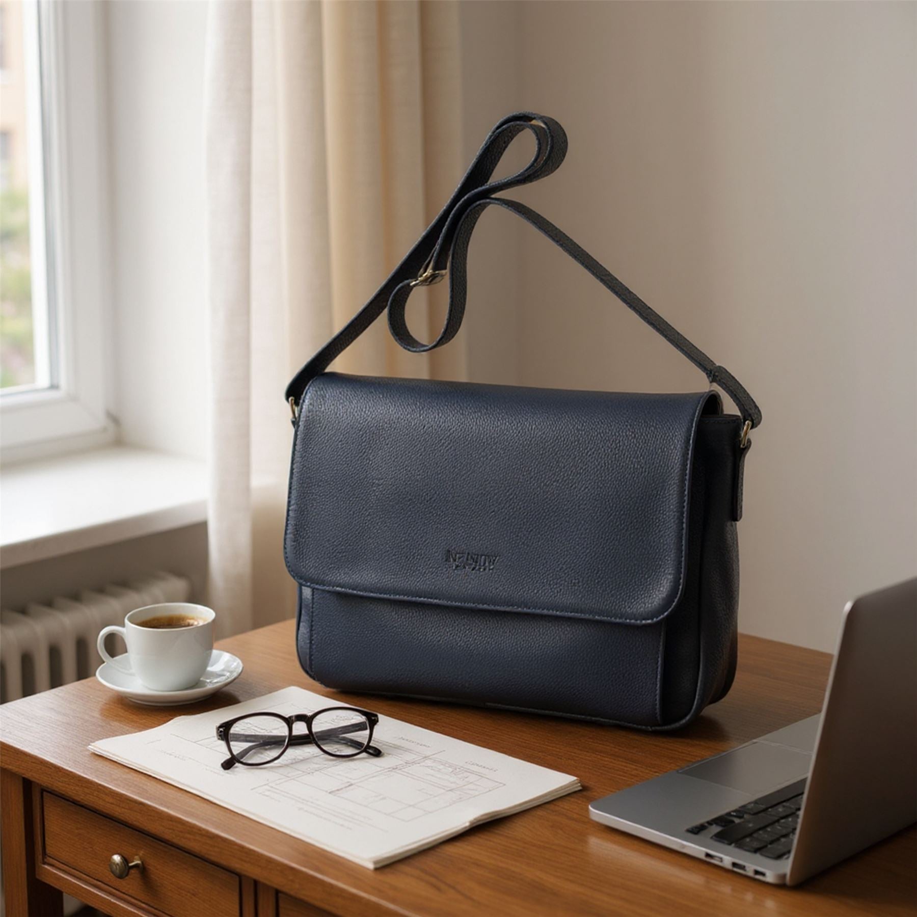 Genuine Leather Navy Laptop Bag Travel Work Messenger Satchel - Camden