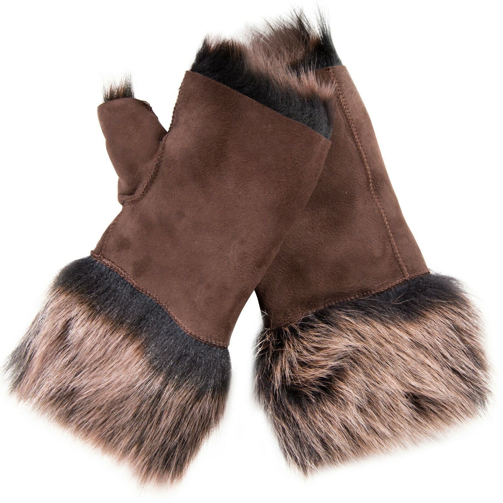 Womens Shearling Mittens Fingerless Cuffs Toscana Suede Sheepskin Fur