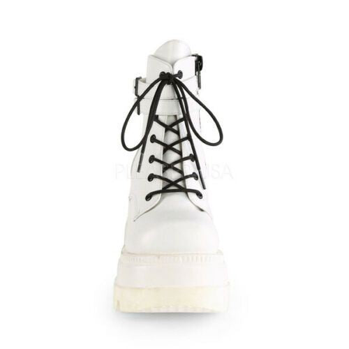 Demonia Shaker 52 White Stacked Wedge Ankle Boots - Upperclass Fashions 