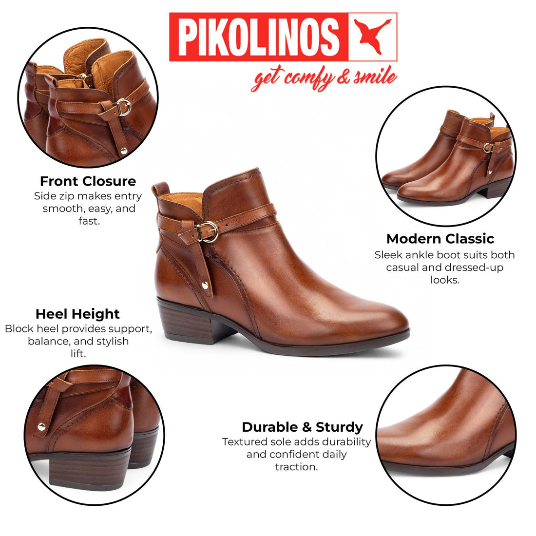 Pikolinos Women’s Cuero Brown Leather Ankle Bootie Zip Heel Boots - Daroca