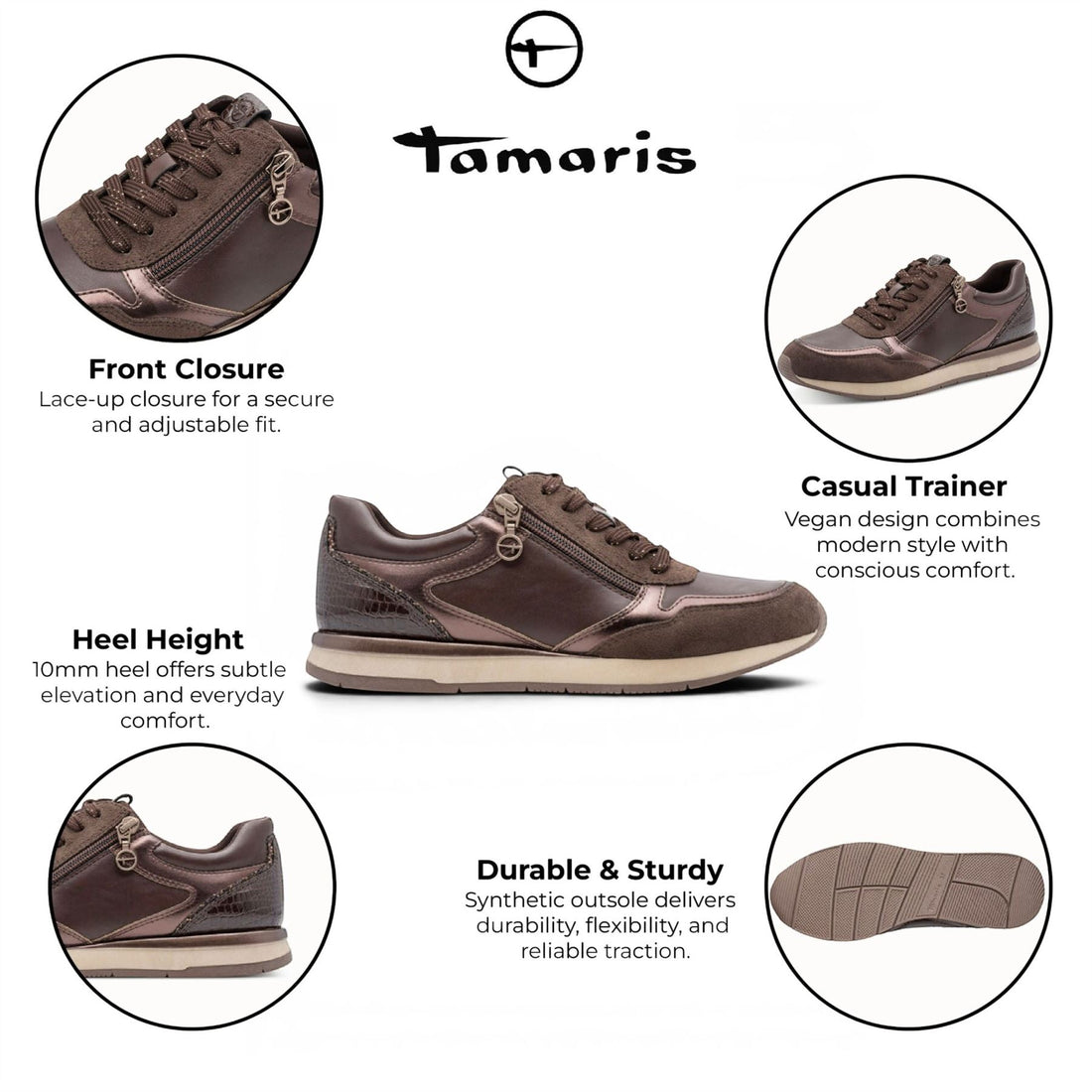 Tamaris Womens Brown Faux Leather Fashion Lace Up Sneakers - 23613-46
