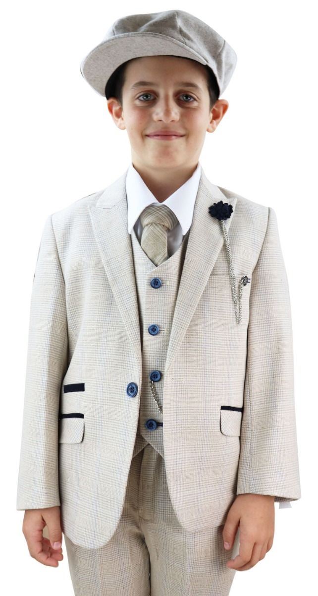 Boys 3 Piece Cream Herringbone Tweed Check Classic Suit
