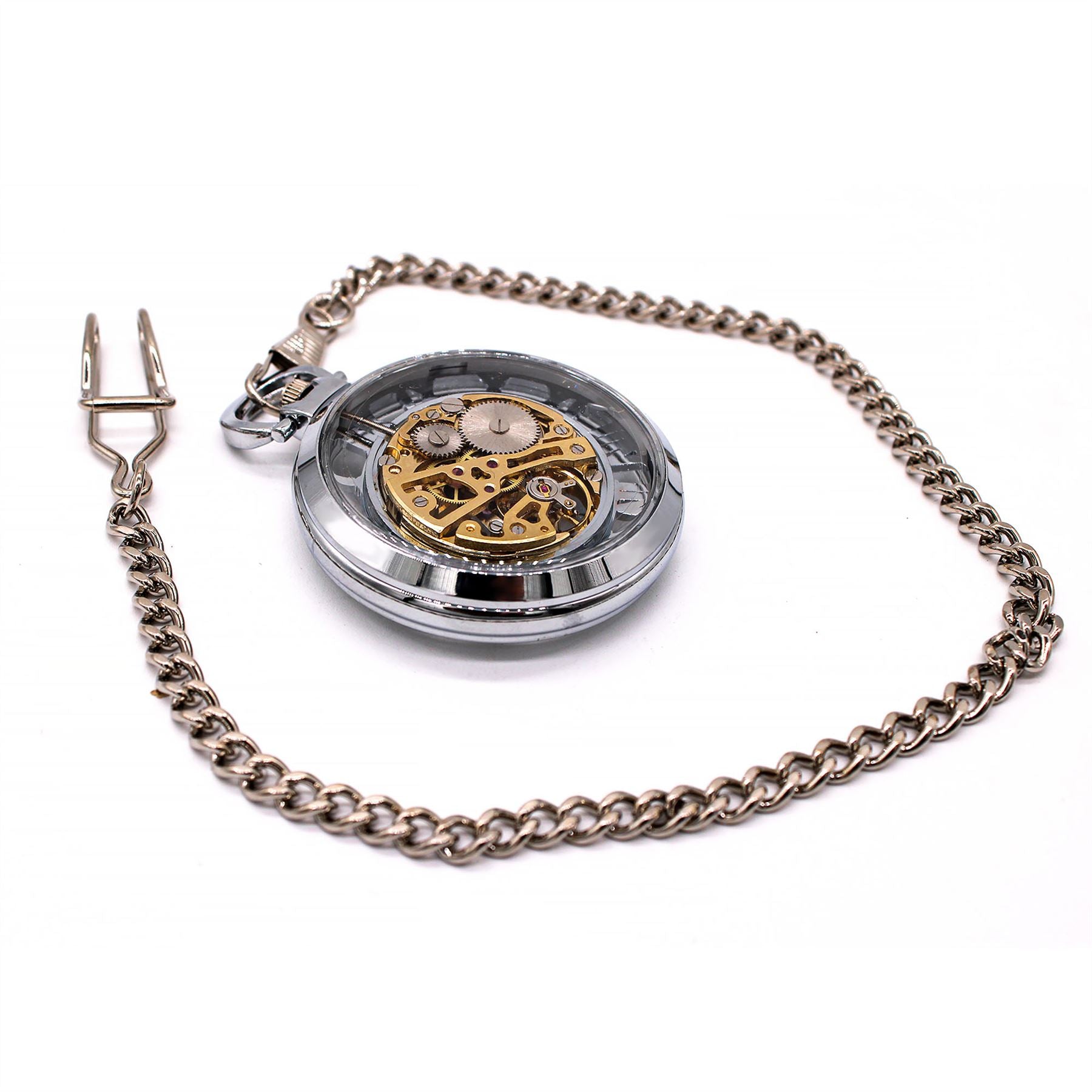 Open-Face Silver Alloy Mechanical Skeleton Silver Pocket Watch