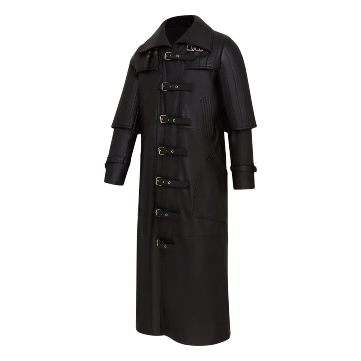 Mens Leather Full Length Buckle Gothic Long Trench Coat - Captain