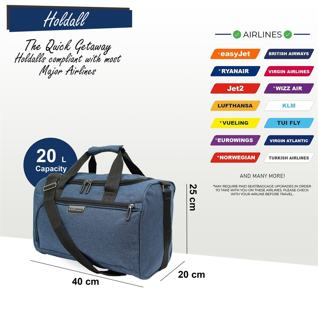Holdall Carry On 40x 20 x25cm Under-seat Travel Cabin Bag for Ryanair, Easy Jet Navy