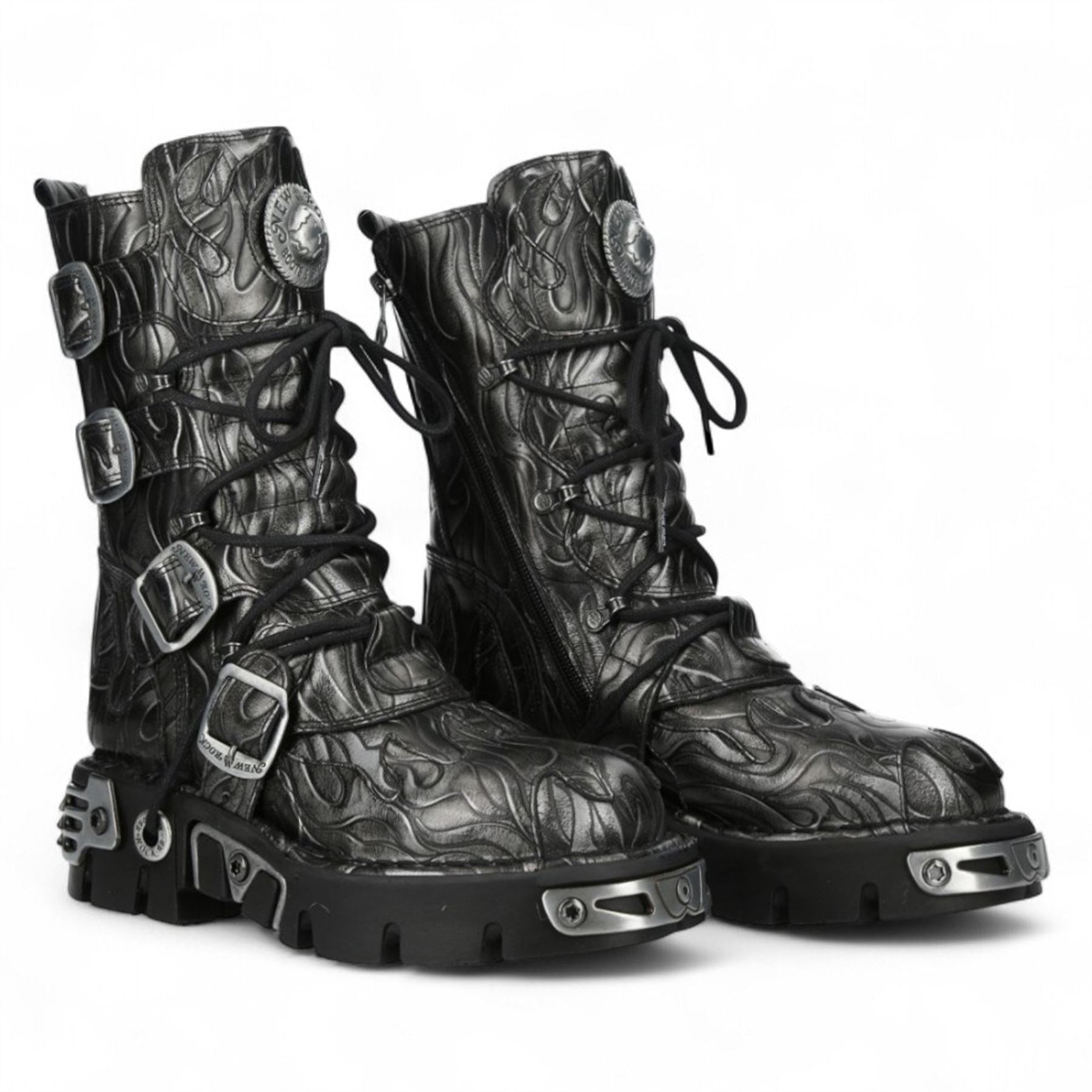New Rock M-591-C63 Mid-Calf High Black Steel Leather Metallic Gothic Boots