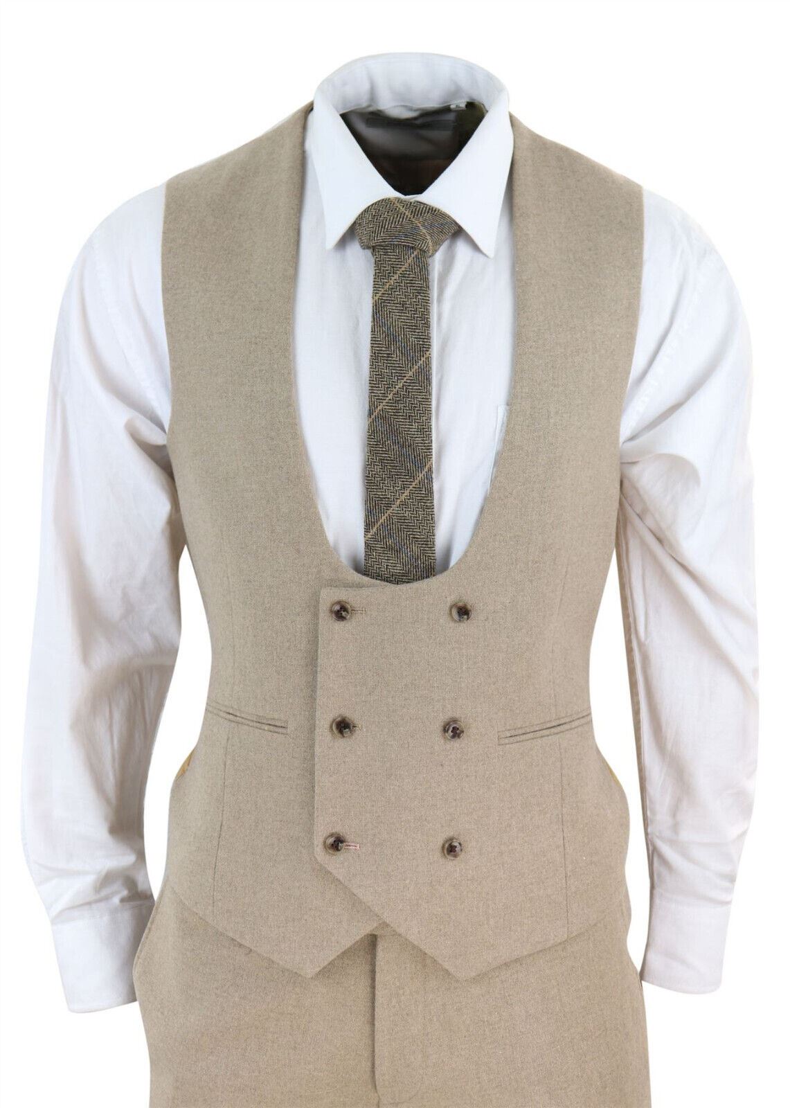 Mens Tweed 3 Piece Beige Formal Wedding Suit